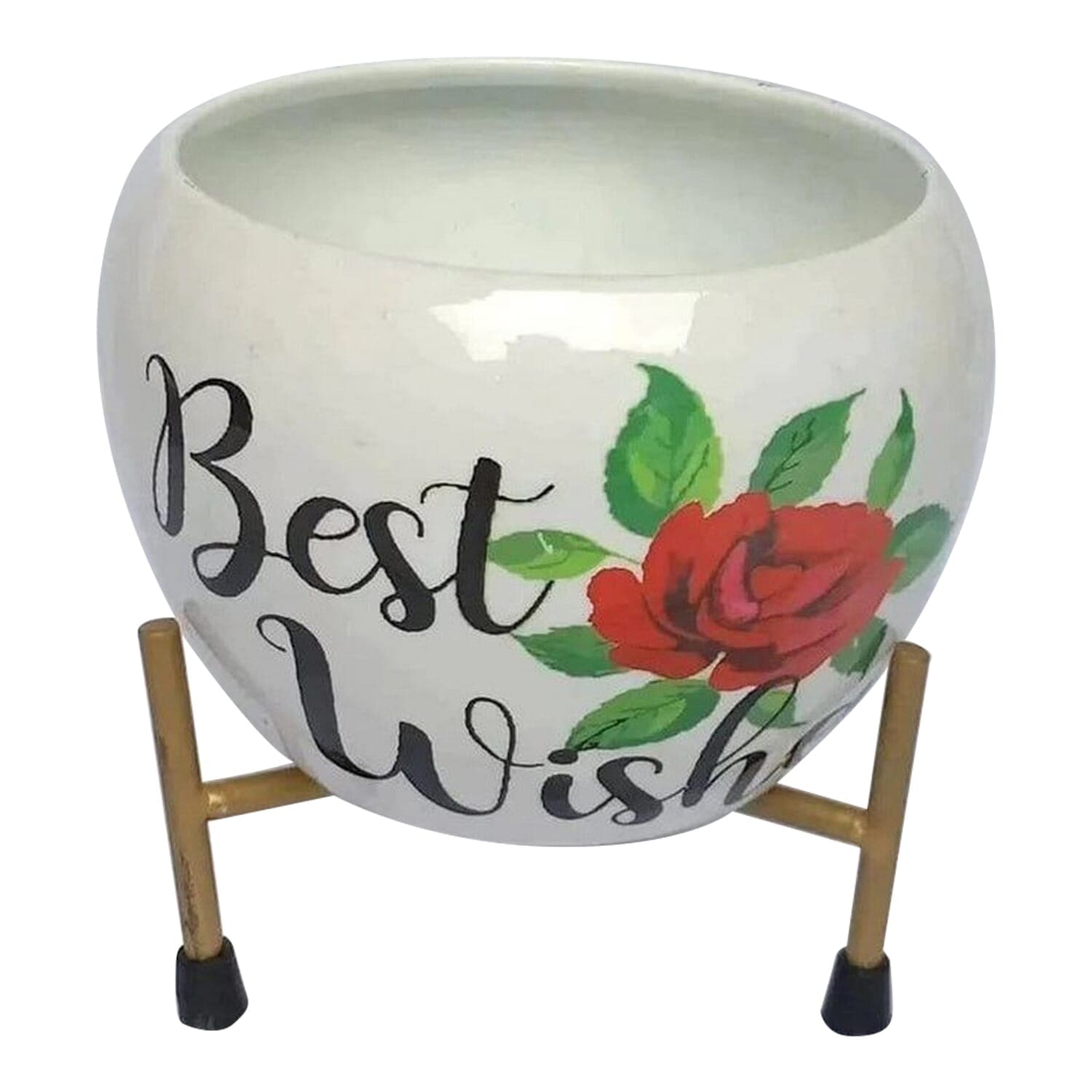 1 Pieces Of Metallic Planter With Stand-Semi Gloss-Indoor/ Outdoor-Hard Metal-Round- Best Wishes