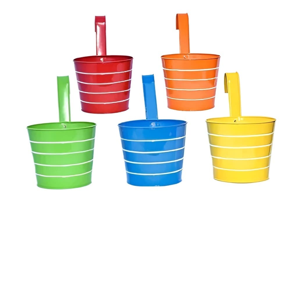 Set Of 5 Multicolor Iron Hook Hanging Decorative Round Shape Pot For Balcony