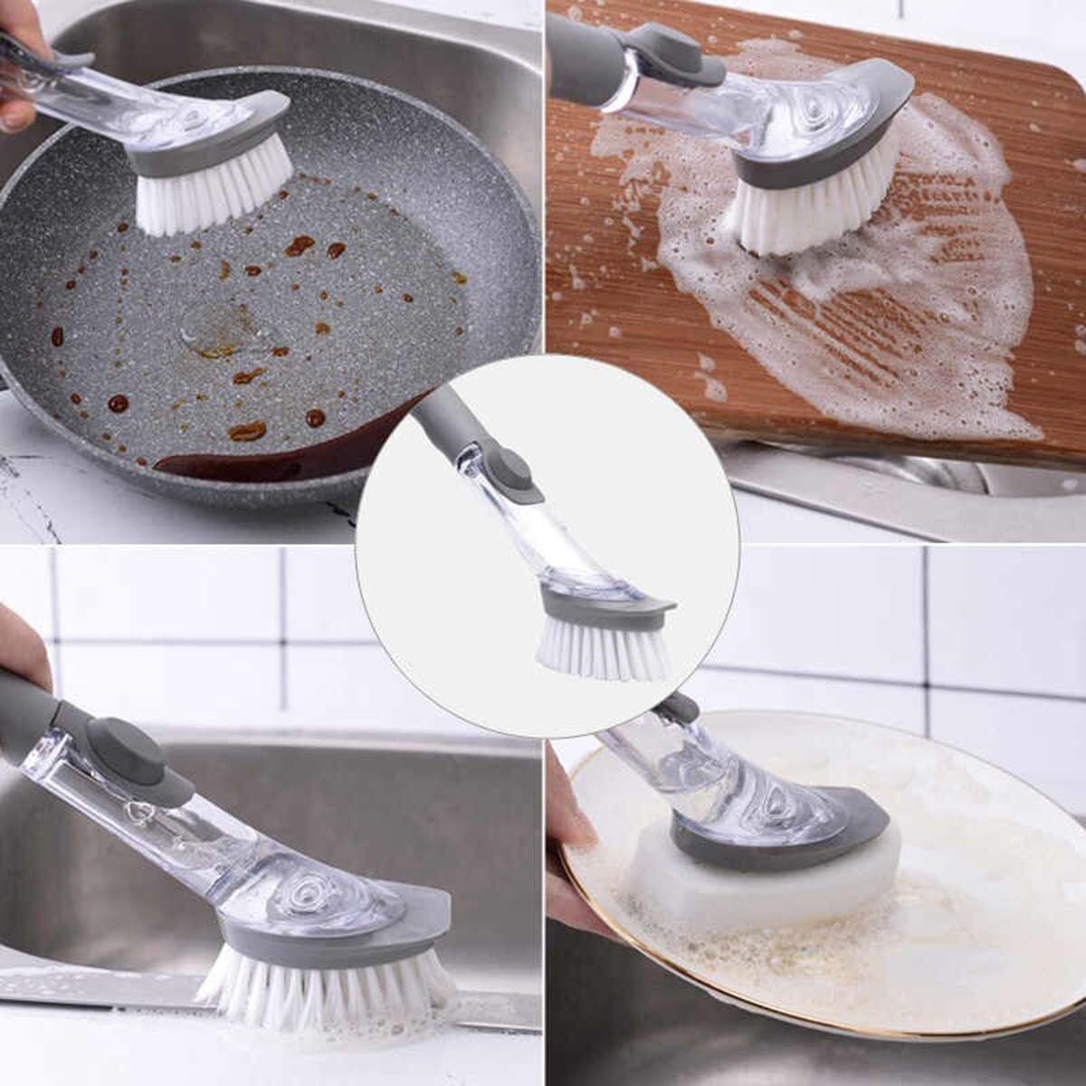2-in-1 Automatic Liquid Dish Brush with Long Handle & 2 Replacement Sponge Heads
