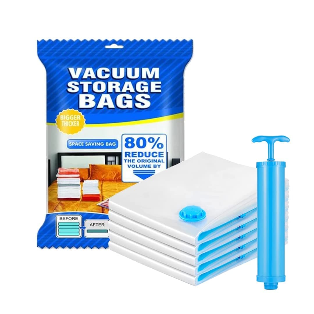Ziplock Vacuum Storage Bags – 5pc Space Saver with Travel Pump