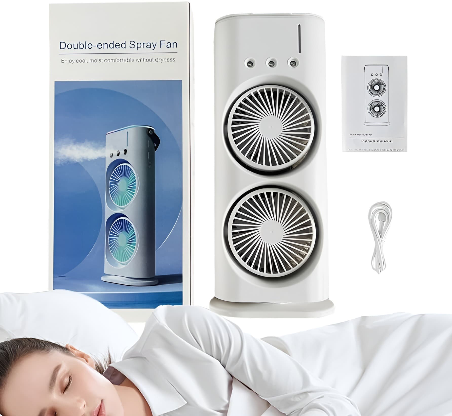 Double-Ended Air Conditioner Fan With Mist Spray - White