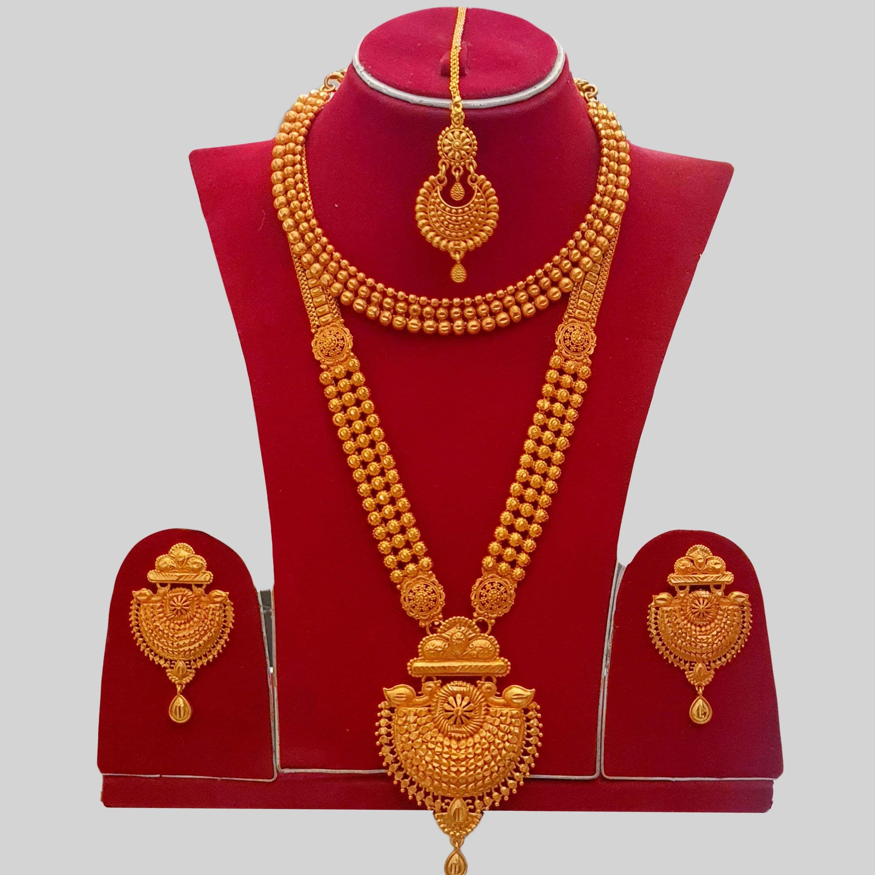 Gold Plated Rani Haar Bridal Set – Necklace, Earrings & Sirbindi with Flexible Behuli Design for Wedding - Women