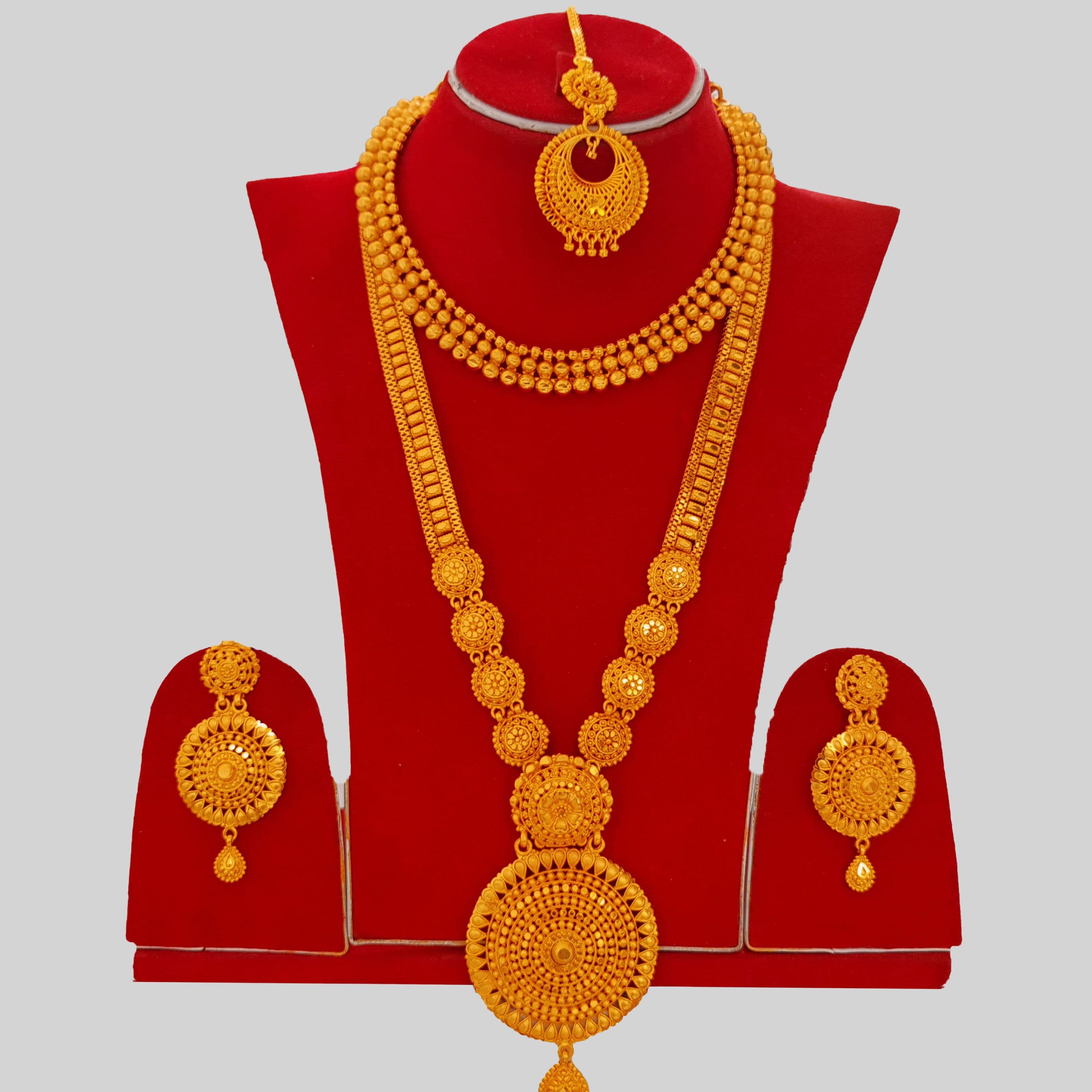 Gold Plated Heavy Bridal Rani Haar Set – Mini Necklace, Earrings & Maang Tikka for Wedding For Women
