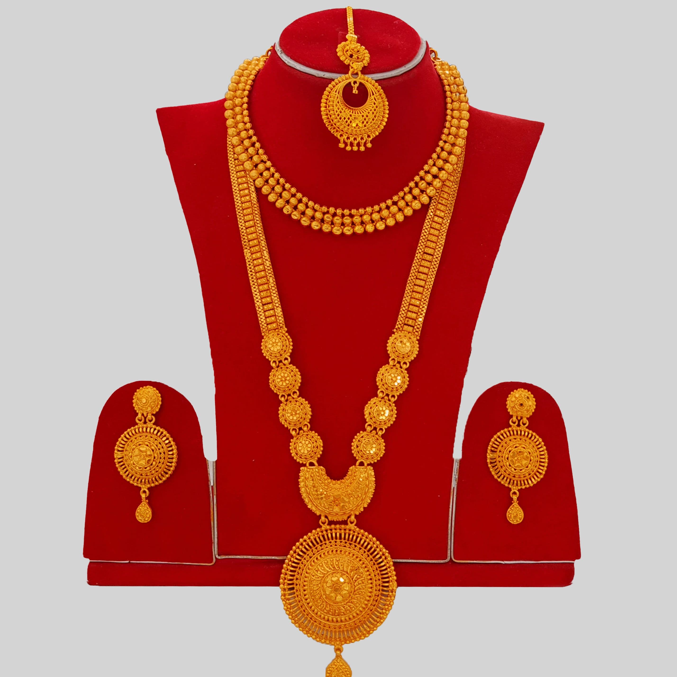 Gold Plated Heavy Bridal Rani Haar Set – With Mini Necklace, Earrings & Maang Tikka for Wedding - Women