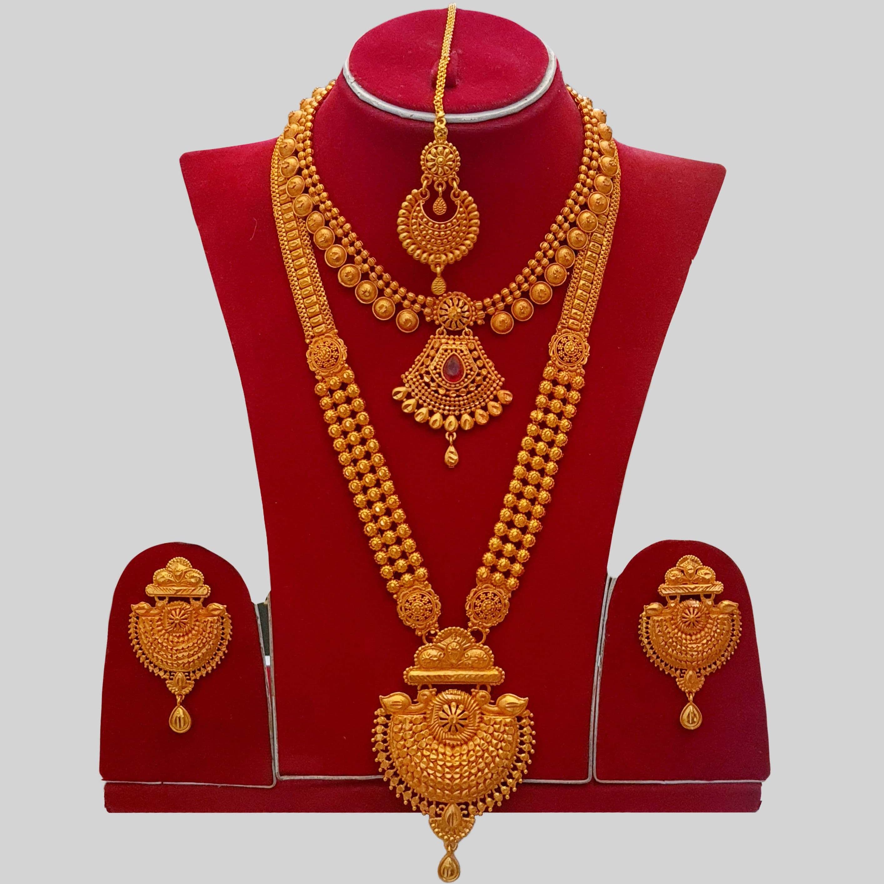 Gold Plated Bridal Rani Haar Set With Necklace, Earrings & Sirbindi | Flexible Nepali Wedding Long Haar Jewellery Set