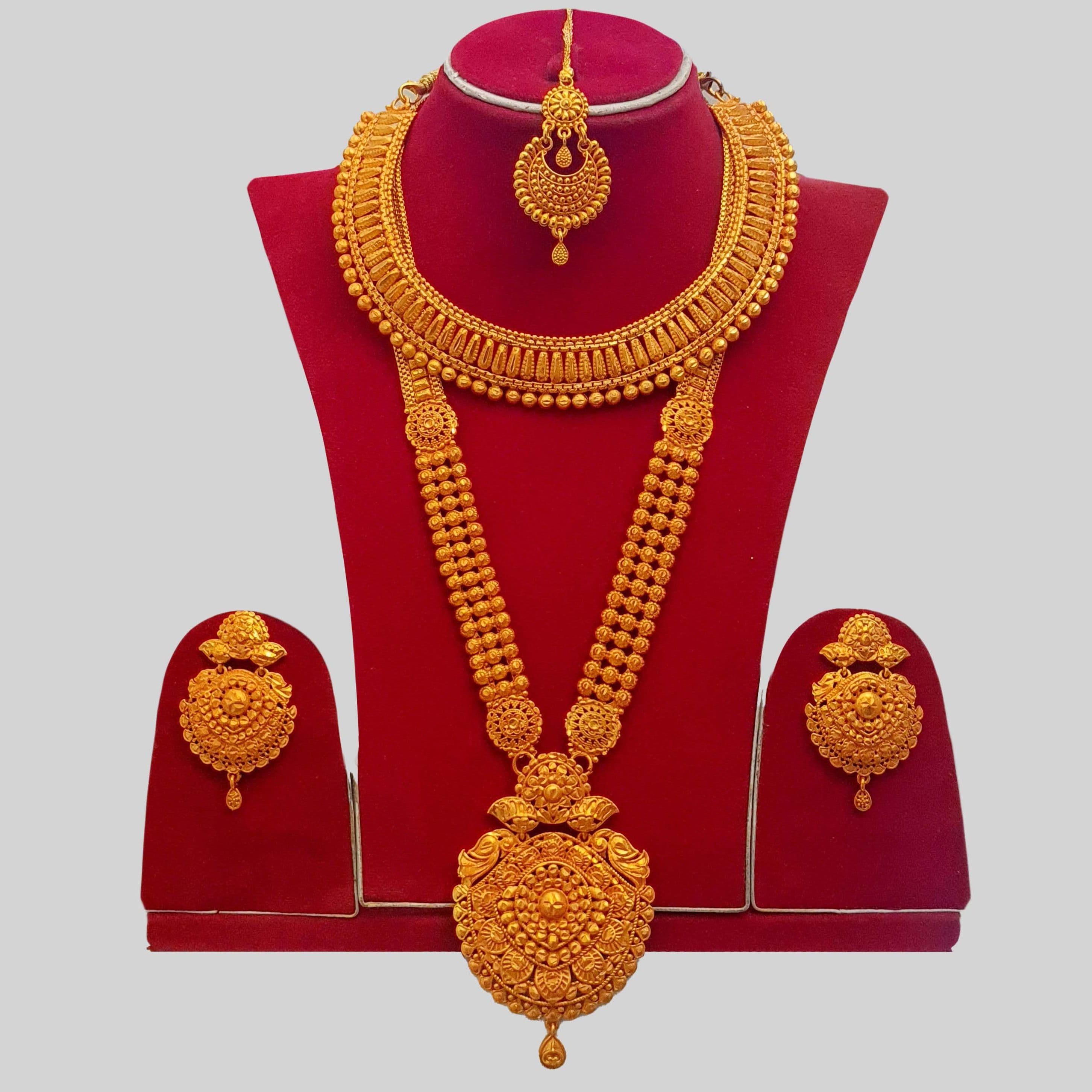 Gold Plated Bridal Rani Haar Set With Necklace, Earrings & Sirbindi | Flexible Nepali Wedding Long Haar Jewelry Set