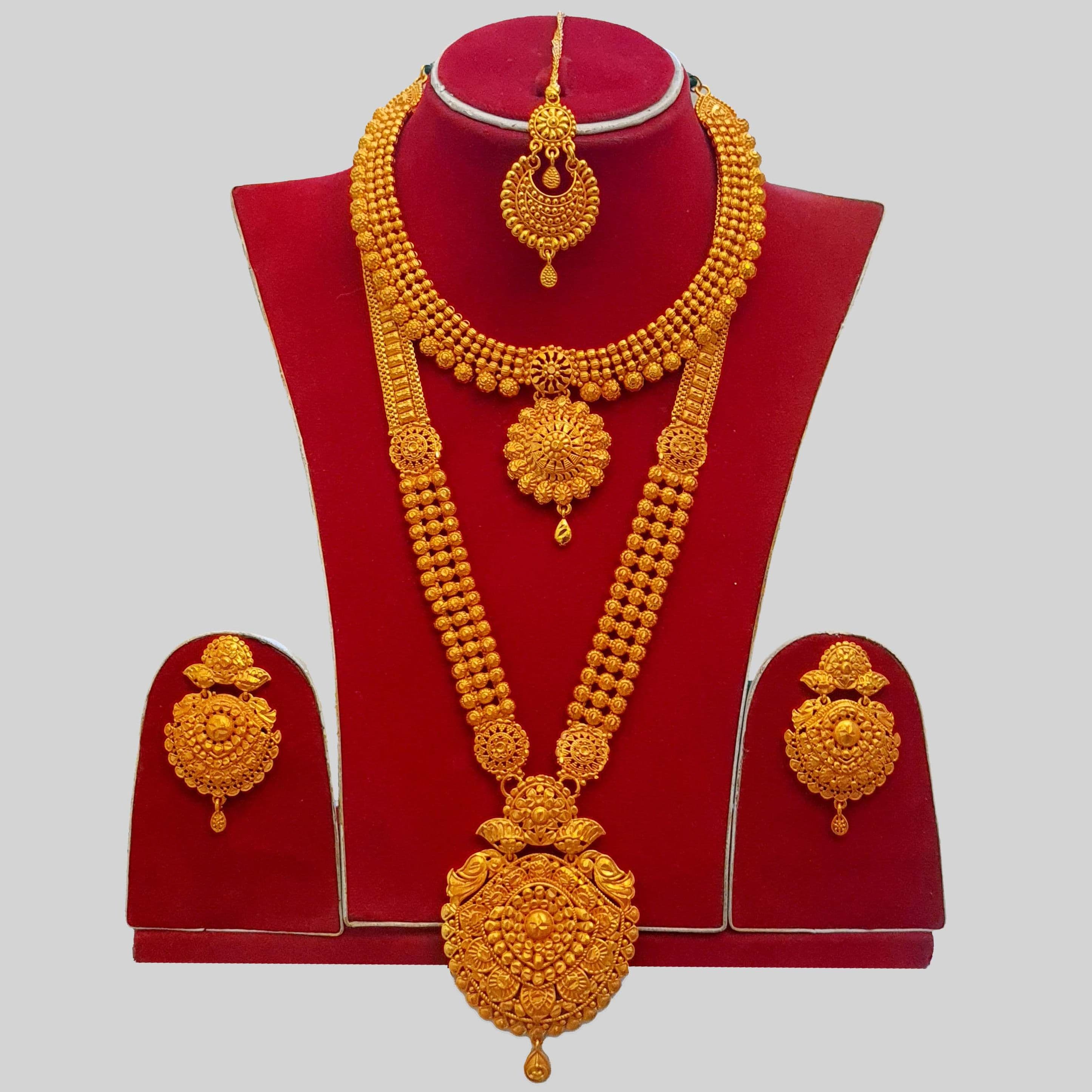Gold Plated Rani Haar Bridal Set With Necklace, Earrings & Sirbindi | Flexible Nepali Wedding Long Haar Design Set