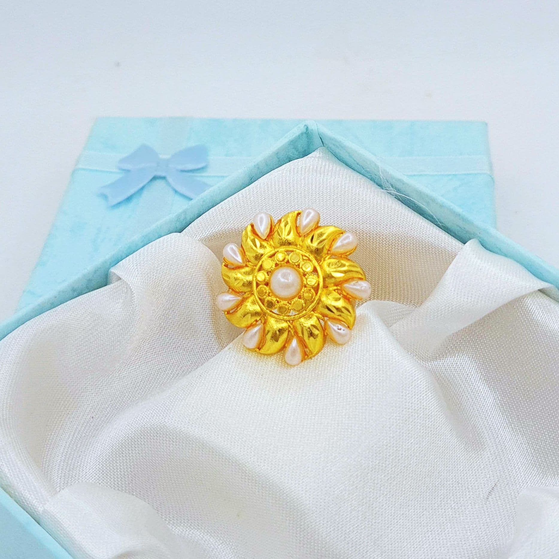 Gold Plated Adjustable Flower Design Moti, Imitation Pearl Ring For Girls, For Wife - Free Size
