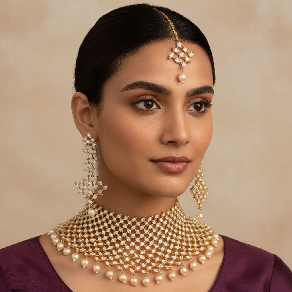 Diamond Design Joda Haar Set With Earrings & Sirbindi | Gold Finish Bridal Choker Necklace Set With Green Stone For Wedding & Partywear