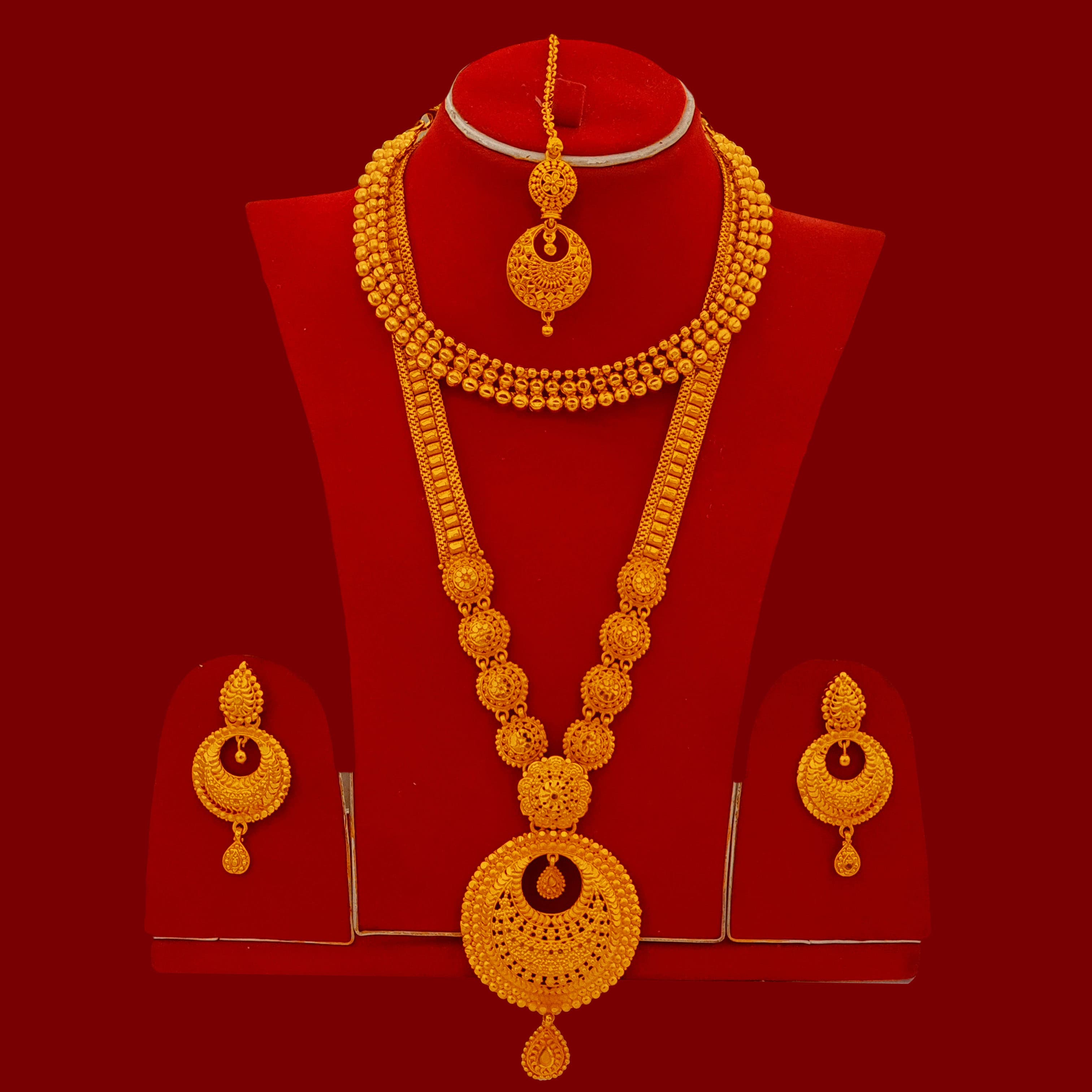 Gold Plated Heavy Bridal Rani Haar Set With Mini Haar, Earrings & Maang Tikka | Elegant Wedding Jewelry Set For Women