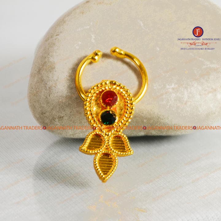 Golden 3 Leaf Design Bulaki Nose Jewellery For Women