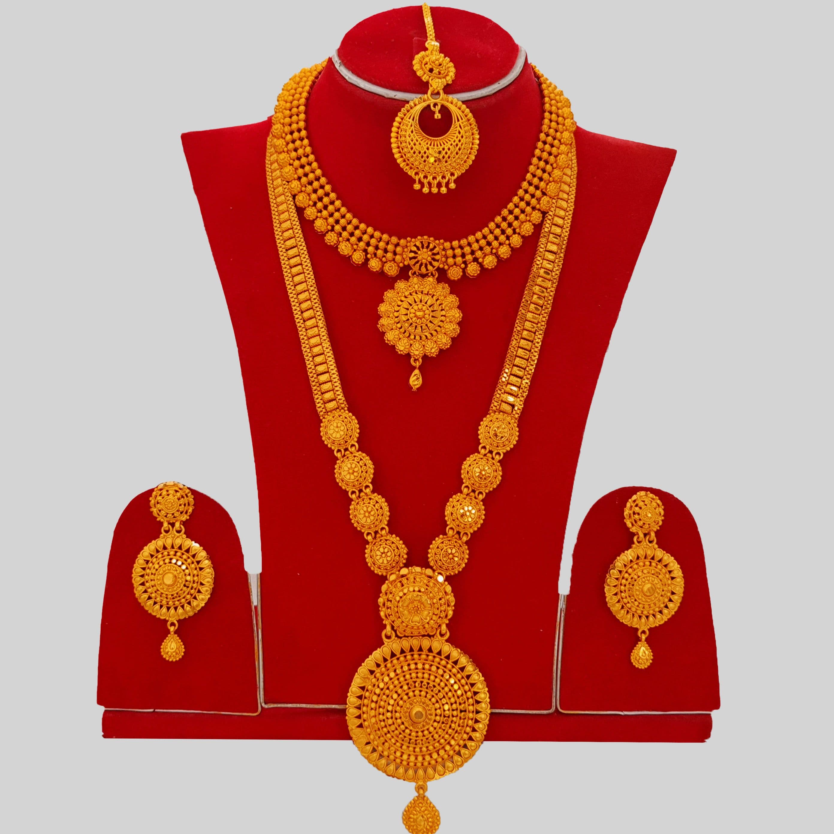 Gold Plated Heavy Bridal Rani Haar Set With Mini Haar, Earrings & Maang Tikka | Elegant Wedding Jewelry Set For Women