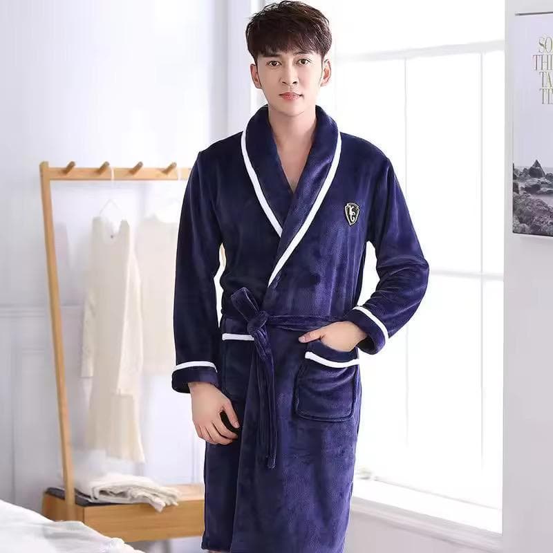 Solid Flannel Long Sleeve Bathrobe – Coral Velvet/Fleece for Home, Hotel, Swimming - Blue