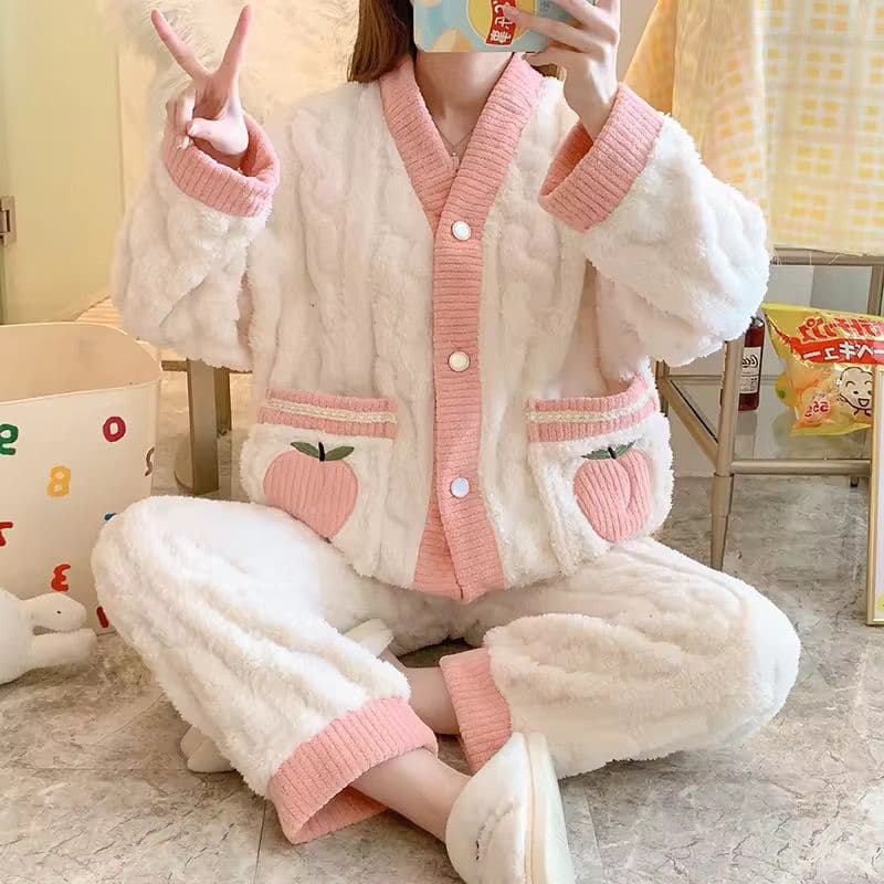 Winter Warm Flannel Women Pajamas Night Dress Sets 