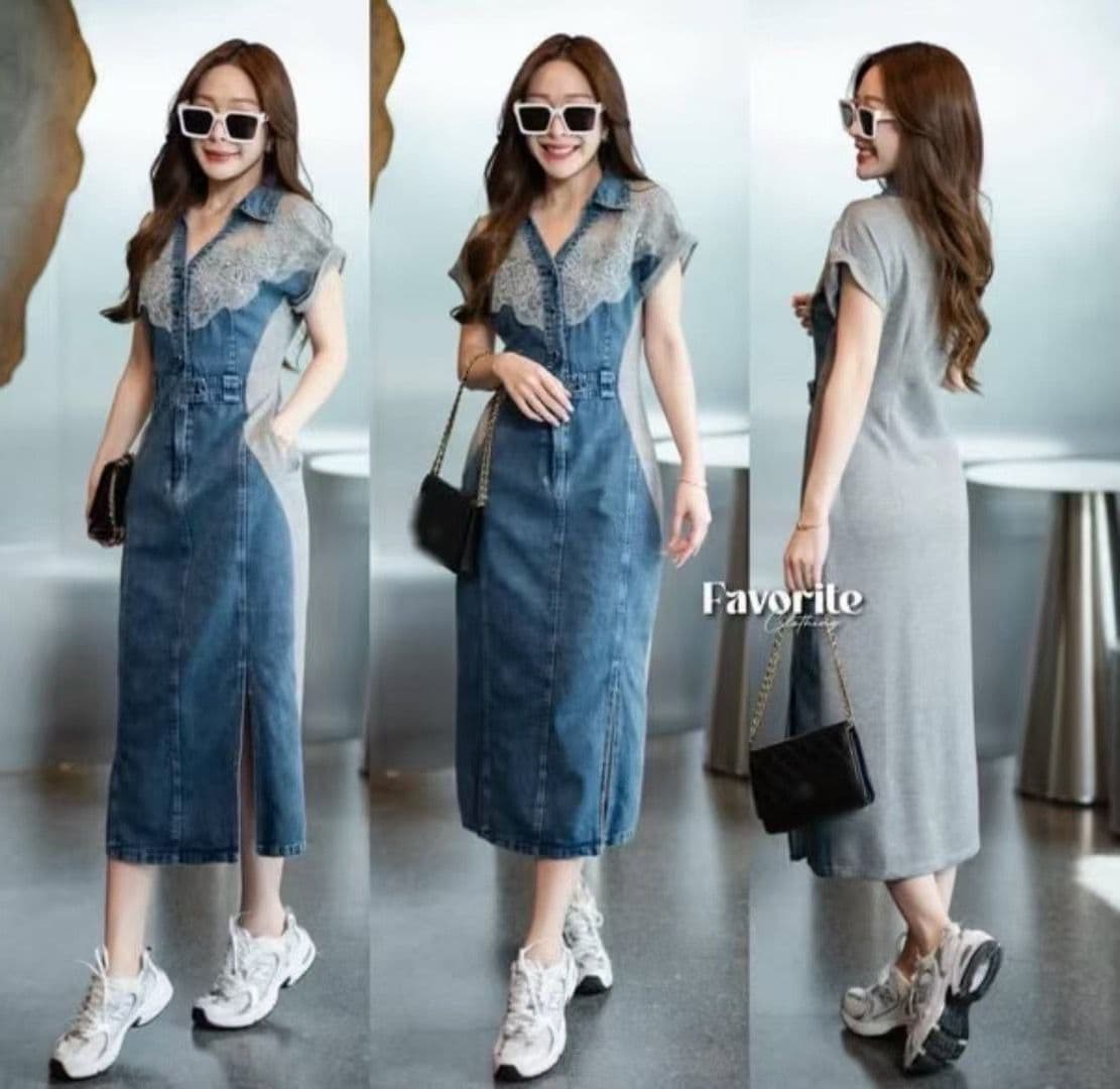 Women’s Retro Denim Dress – Turn-down Neck, Short Sleeve, Embroidered Patchwork Waist Split