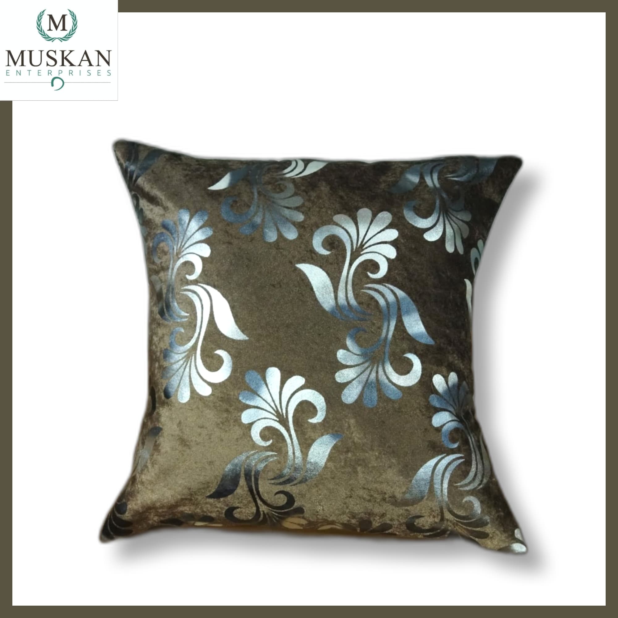 Brown and Silver Print Velvet 5 pc Cushion Cover 