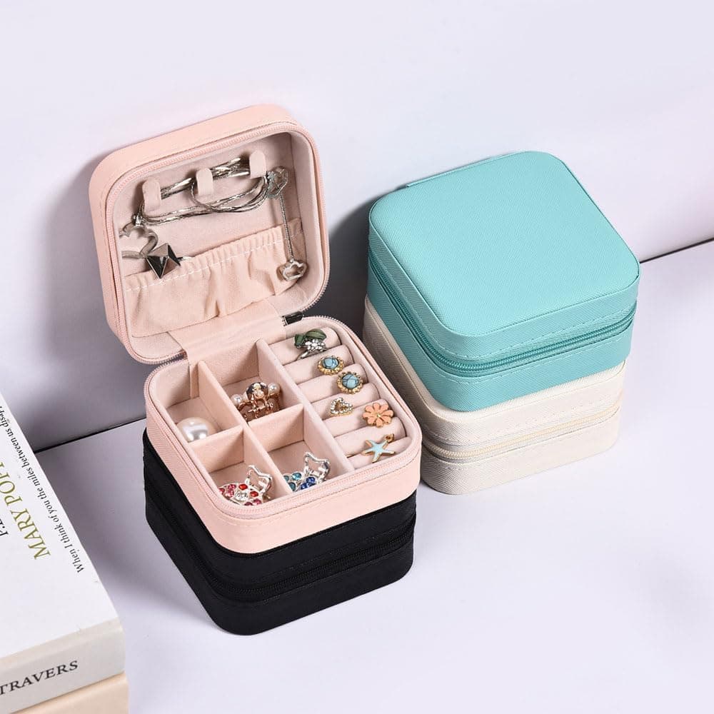 Mini Leather Travel Jewellery Box Organizer – Portable Zip Jewelry Case for Rings, Earrings, Necklaces & Bracelets for Women & Girls