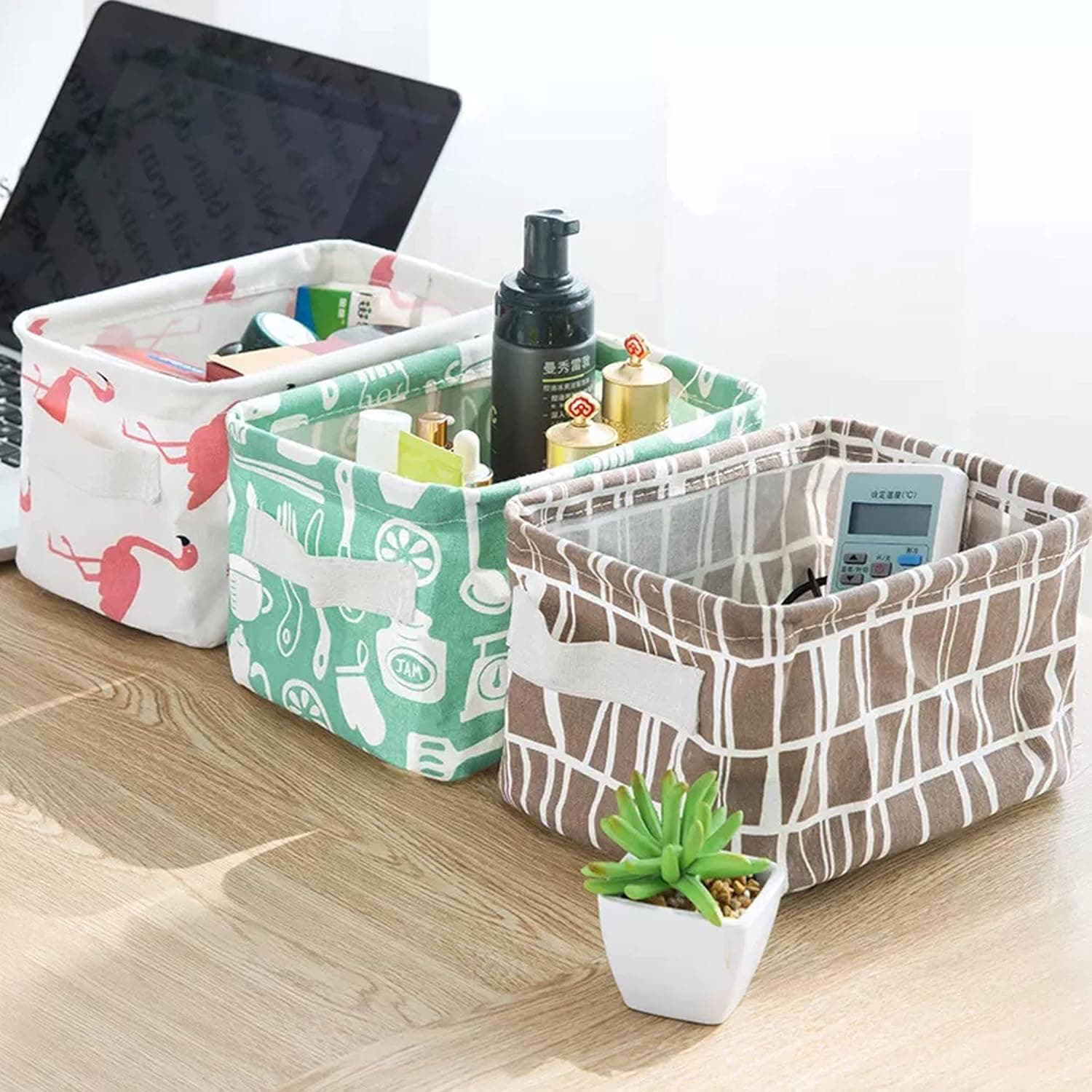 3-Piece Collapsible Canvas Storage Basket Set – Foldable Mini Cube Organizer Bins with Handles for Closet, Desk, Nursery & Home Storage - Multicolor