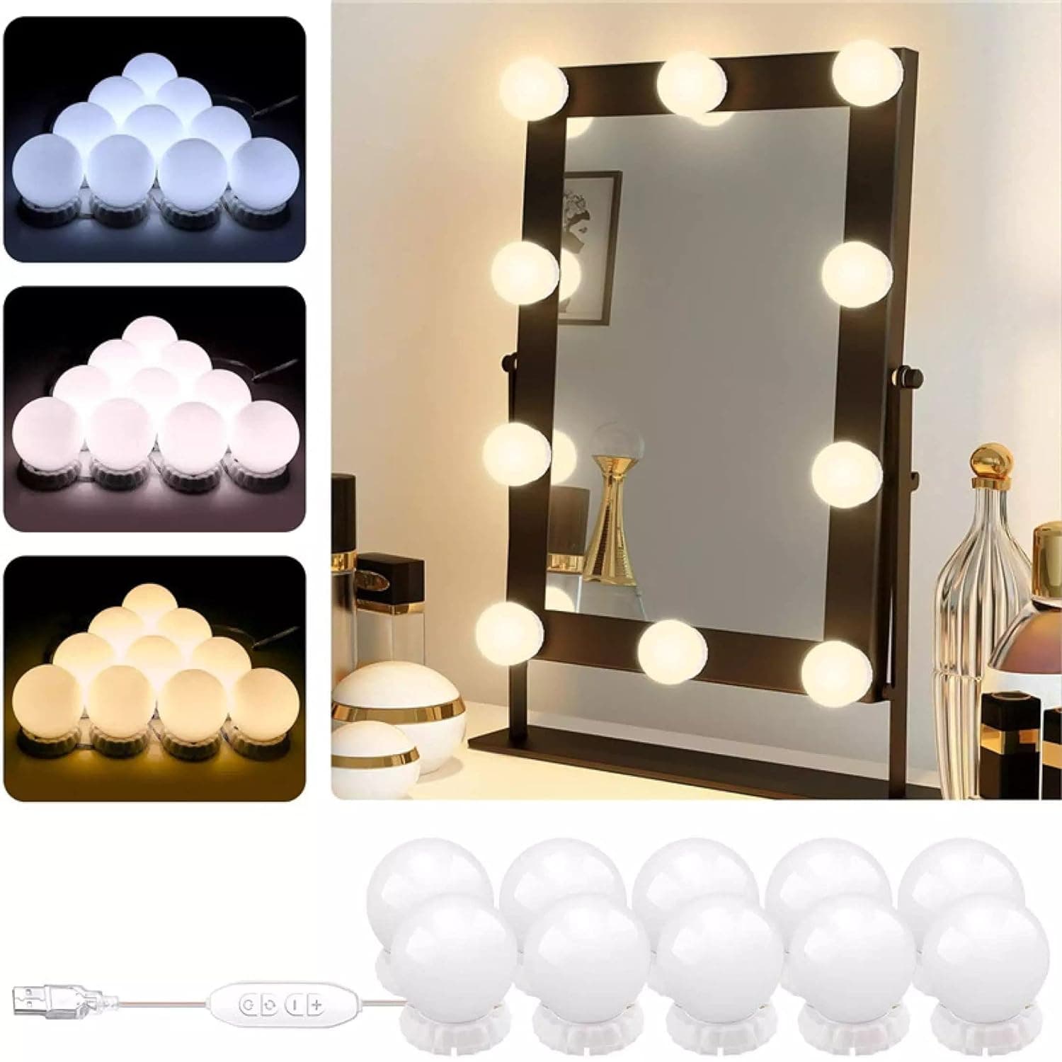 Hollywood Style LED Vanity Mirror Lights – 10 Dimmable Bulbs with 3 Color Modes & USB Adjustable Brightness for Makeup & Dressing Table