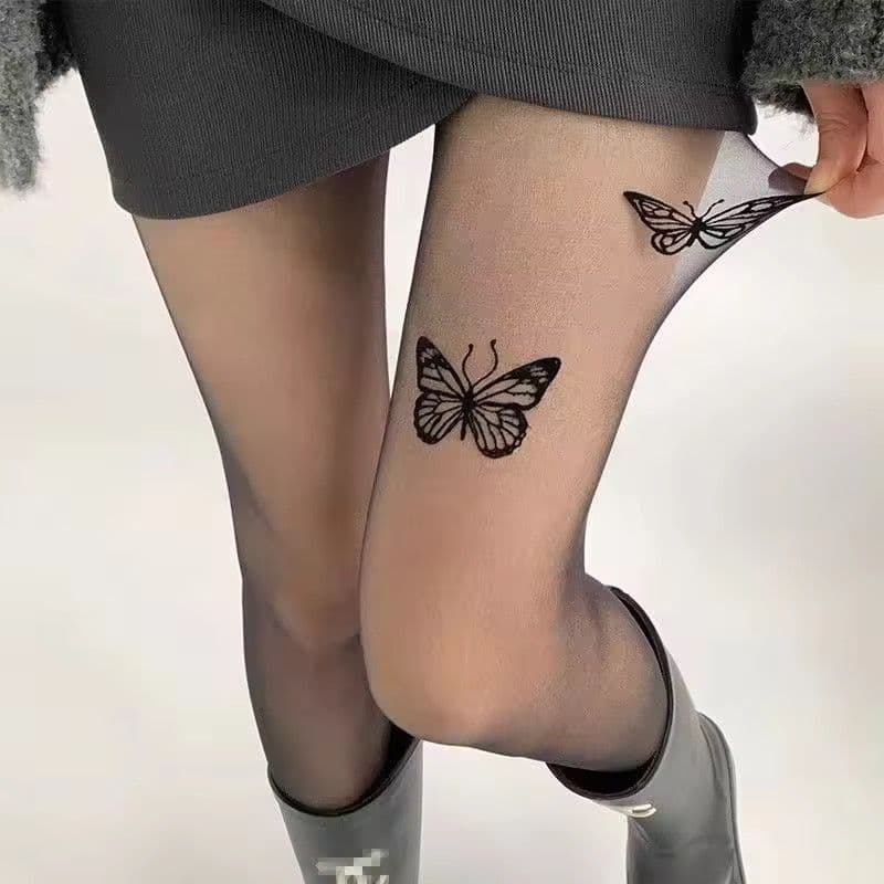 Women’s Butterfly Print Ultra-Thin High-Waist Summer Stockings - Black (Free Size)