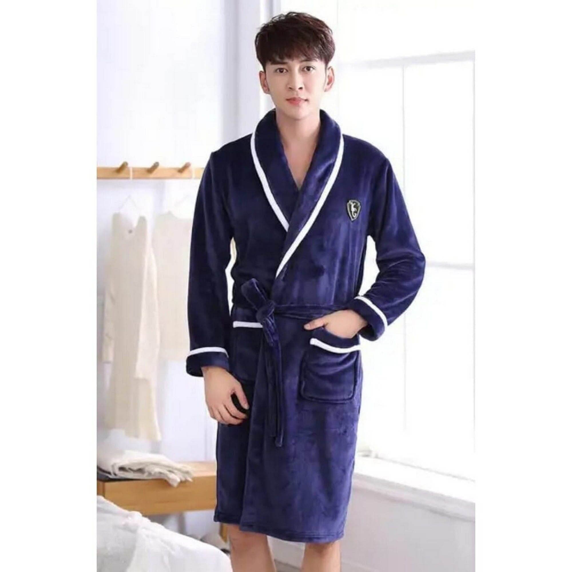 Solid Color Flannel Long Sleeve Bathrobe - Blue