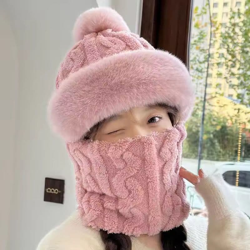 Panda Fleece Lined Winter Hat with Earflap Scarf - free size