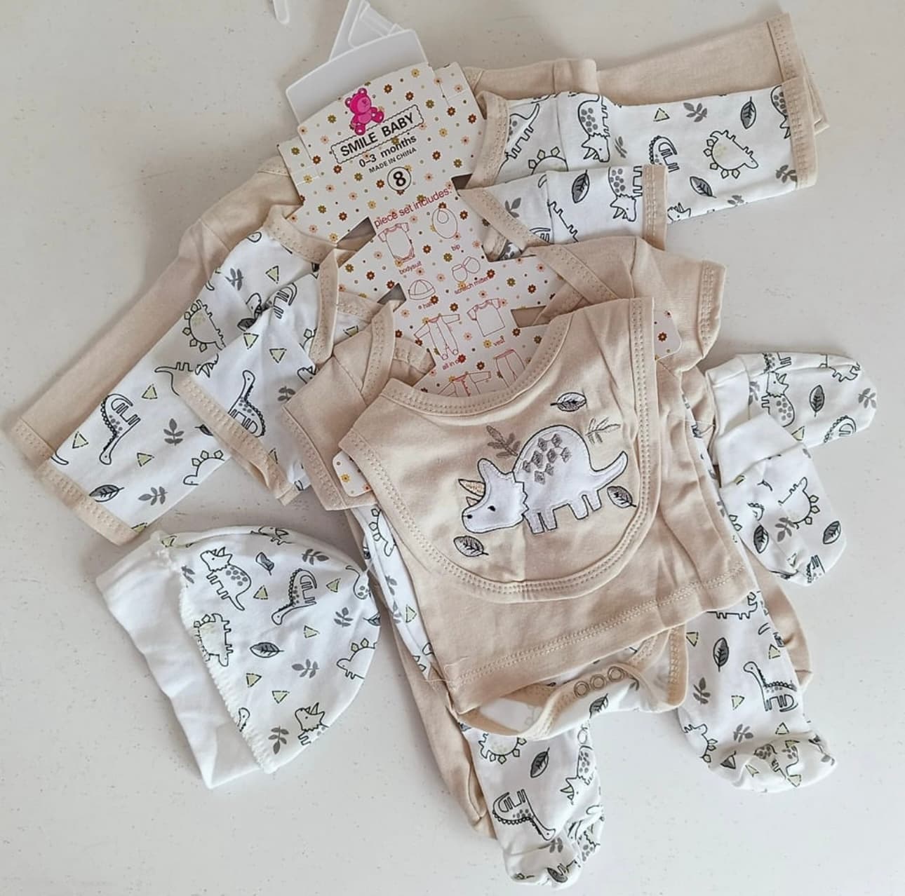 New Born Baby Cotton 8 Pcs Cloth Set For Summer Gift Pack - Cream