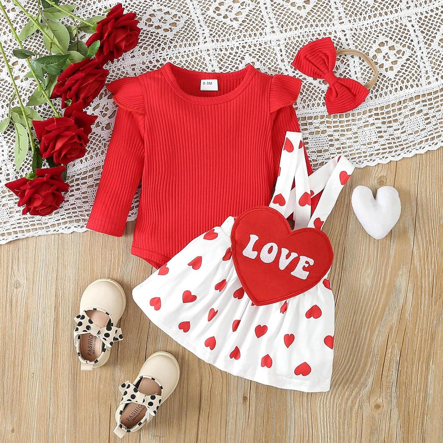 Baby Girl Heart Print Romper & Hairband Set - Multicolor