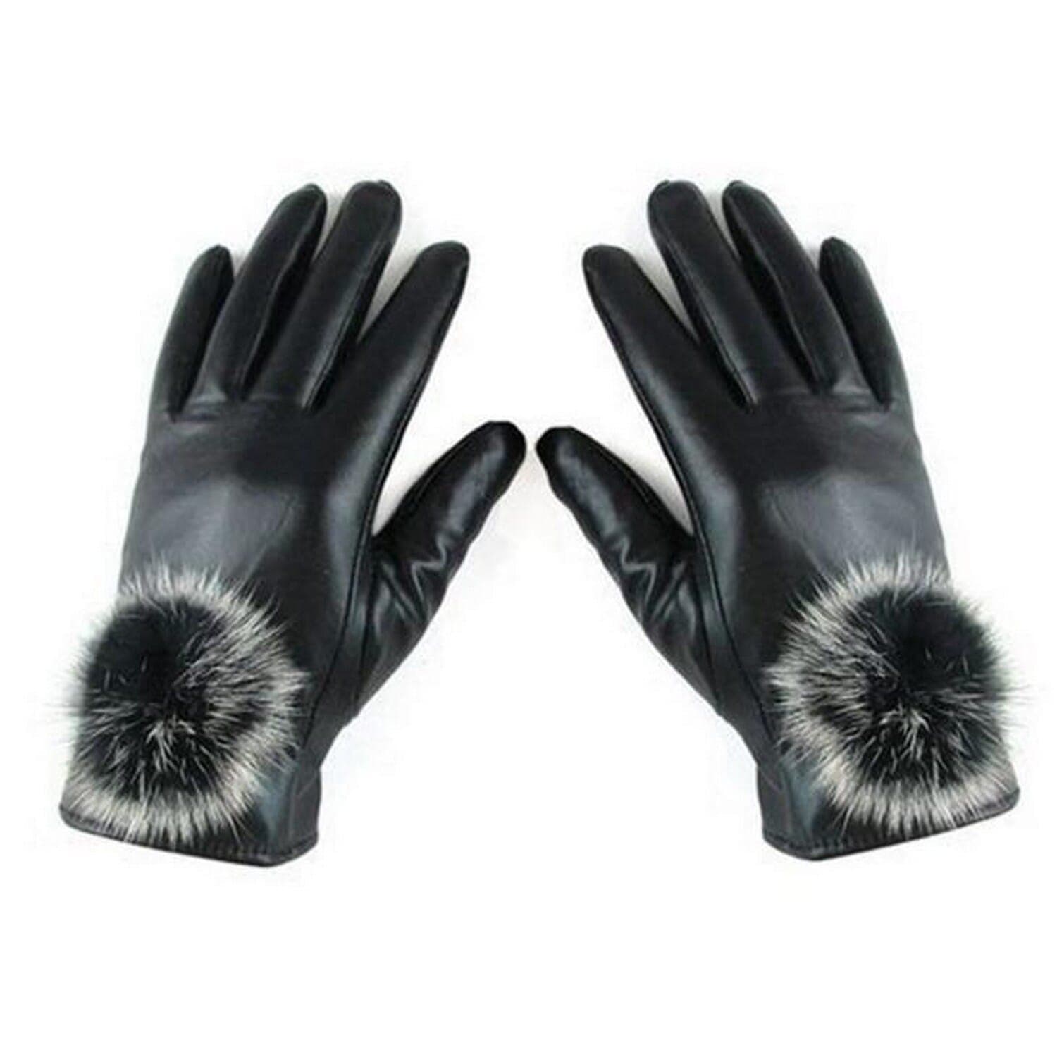 Women’s Leather Touchscreen Winter Gloves with Faux Fur Pom-Pom