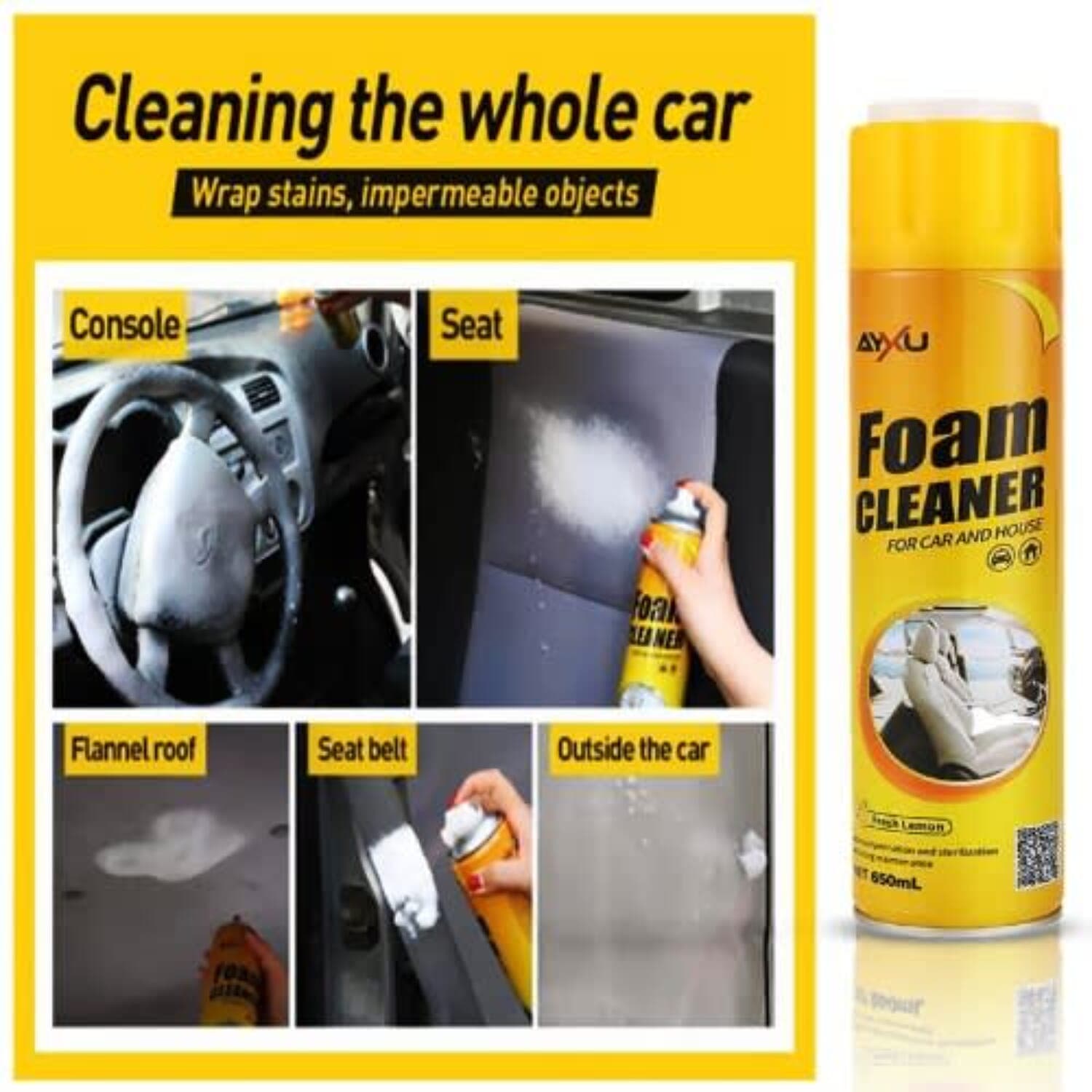 Lemon Scented MultiFunctional AXYU Foam Cleaner Spray For Car And House 650mL
