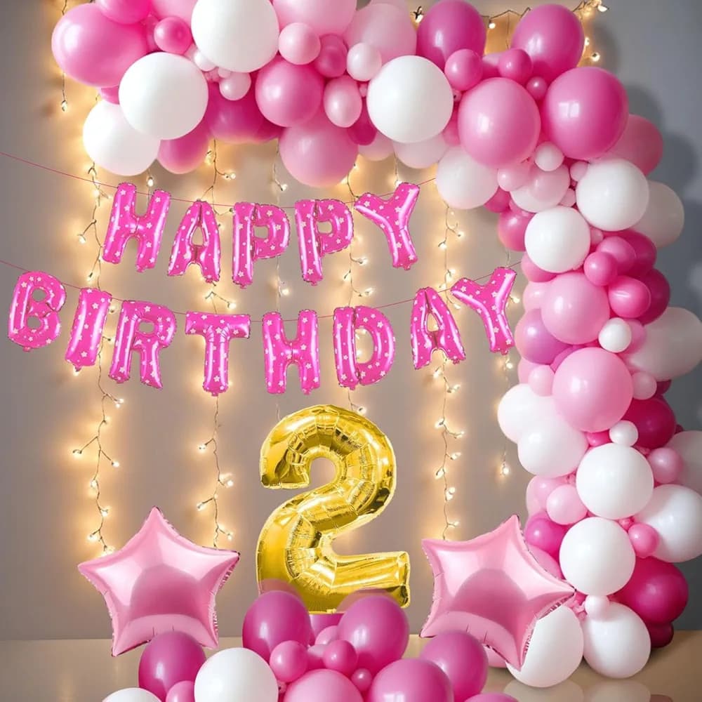 2nd Birthday Decoration Kit for Boys – 57 Pcs Pink Theme Birthday Decorations with Foil, Paper (Cardstock) and Rubber Balloons
