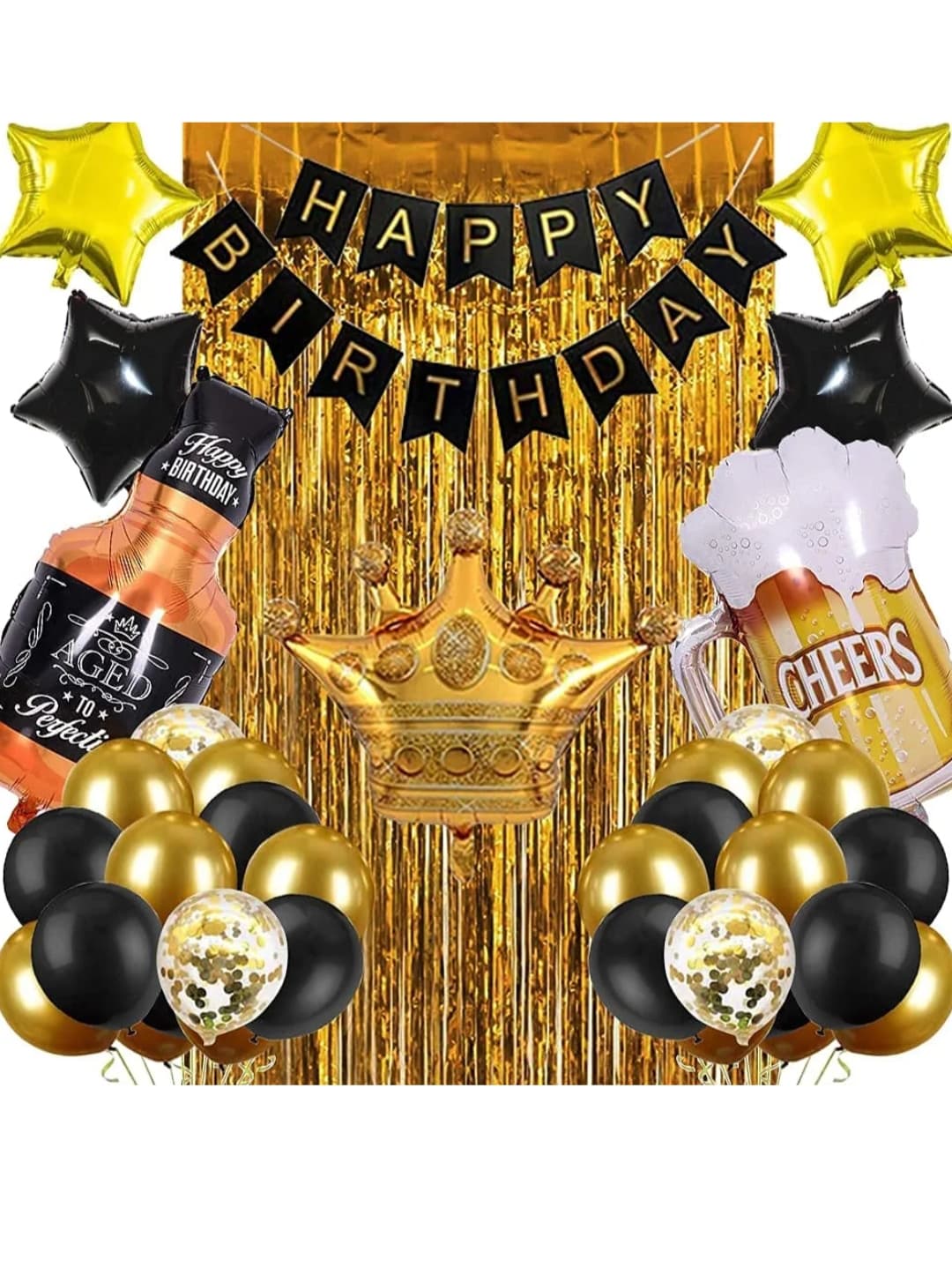 Birthday Decoration Items – 37 Pcs Birthday Decorations for Men & Husband with Cheers Mug Foil Balloon, Crown Foil, Balloons, Foil Curtain and Banner (Cardstock)