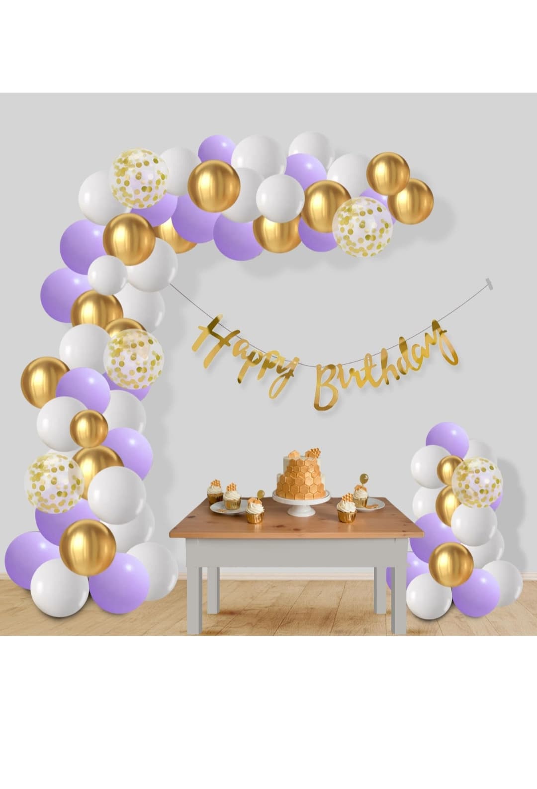 Purple Happy Birthday Decoration Kit with 20 Purple, 20 White & 20 Gold Metallic Balloons, Gold Foil Banner, Confetti Balloons, Balloon Arch and Glue Dots