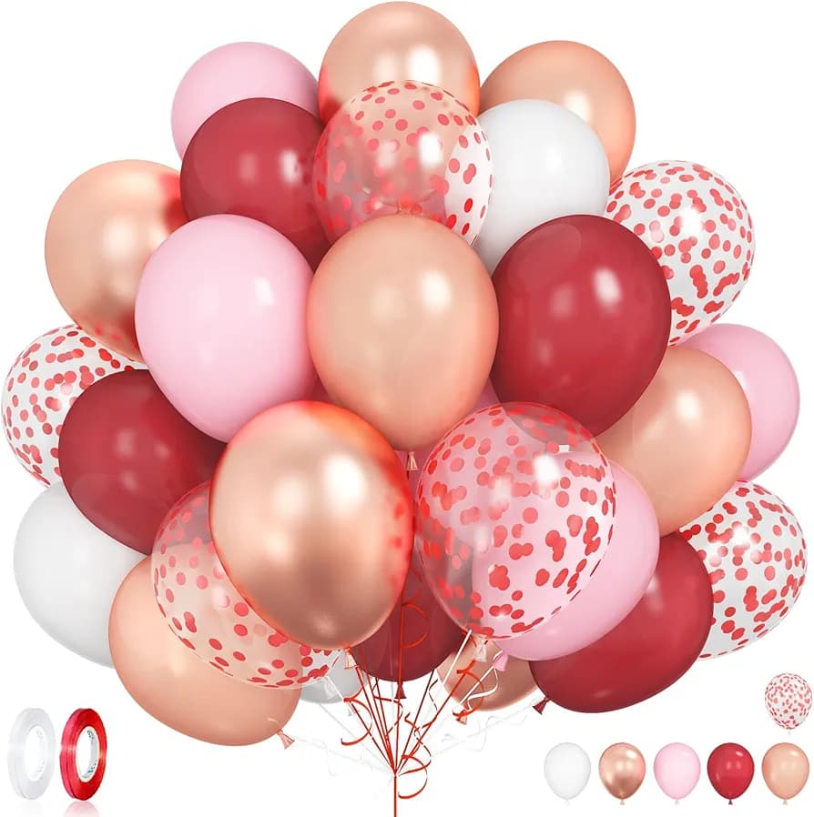 Burgundy & Rose Gold Balloon Set – 60 Pcs 12 Inch Party Balloons in Burgundy, Red, Light Pink & White with Confetti Balloons for Birthday, Wedding & Baby Shower Decor
