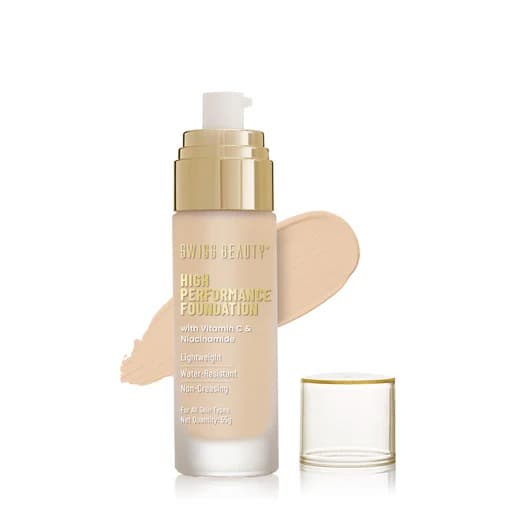 Swiss Beauty High Performance Foundation | Water-Resistant | Medium To Buildable Coverage Liquid Dewy Finish | Lightweight | Easy To Blend | With Vitamin C & Niacinamide | 03 Natural Beige - 55G