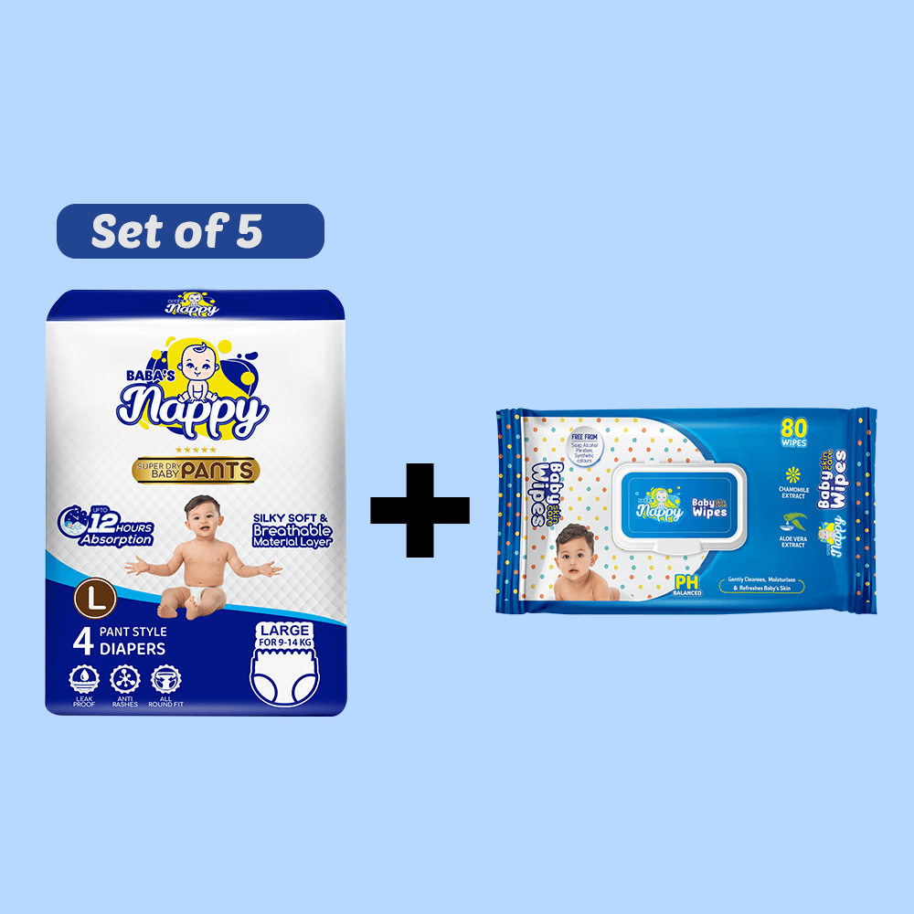 Baba's Nappy Baby Pull Up Diaper 4pcs Large Set of 5 + Baba's Nappy Baby Wet Wipe (200x150mm) 80pcs