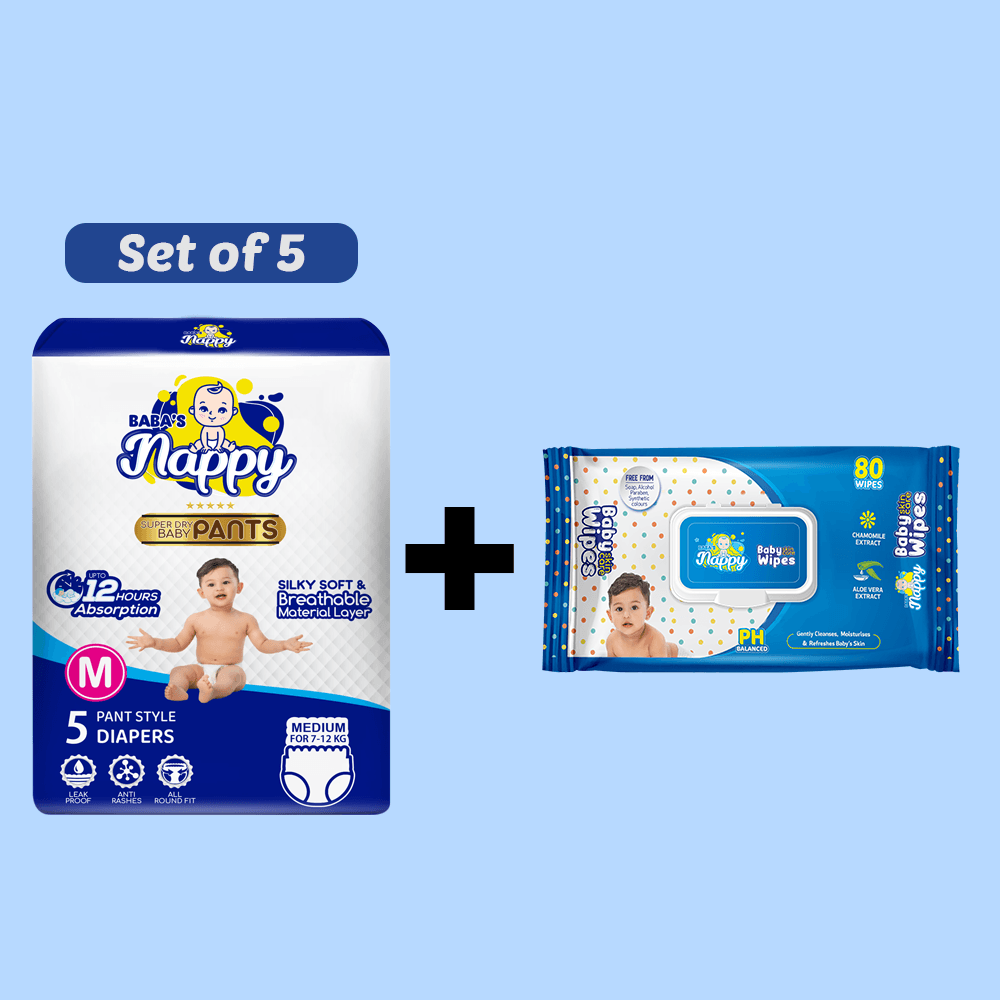 Baba's Nappy Baby Pull Up Diaper 5pcs Medium Set of 5 + Baba's Nappy Baby Wet Wipe (200x150mm) 80pcs