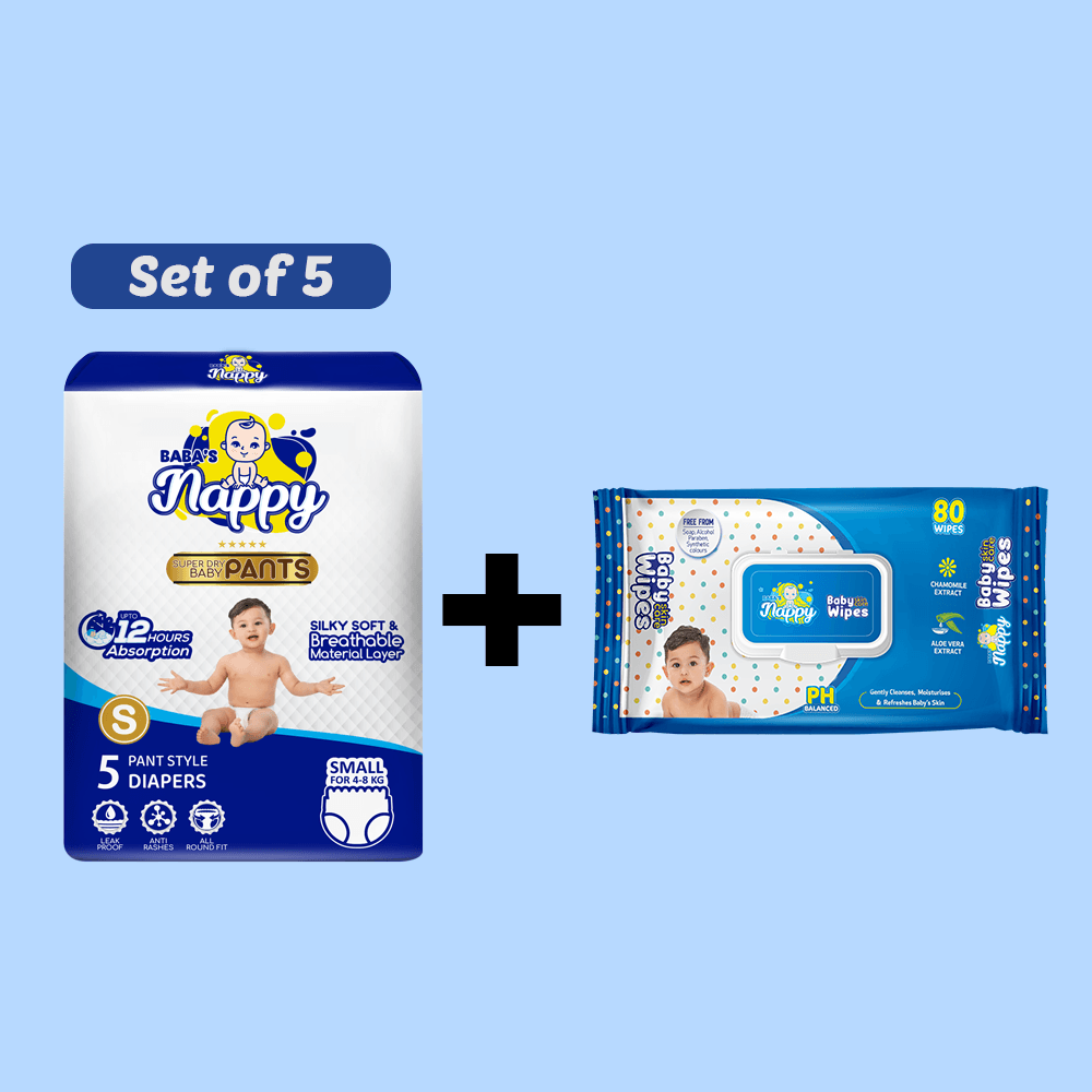 Baba's Nappy Baby Pull Up Diaper 5pcs Small Set of 5 + Baba's Nappy Baby Wet Wipe (200x150mm) 80pcs