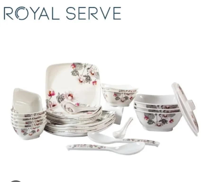 Royal Serve Dinner Set Olga Square Set 100% Melamine - 38 pcs (Traditional Dotted)