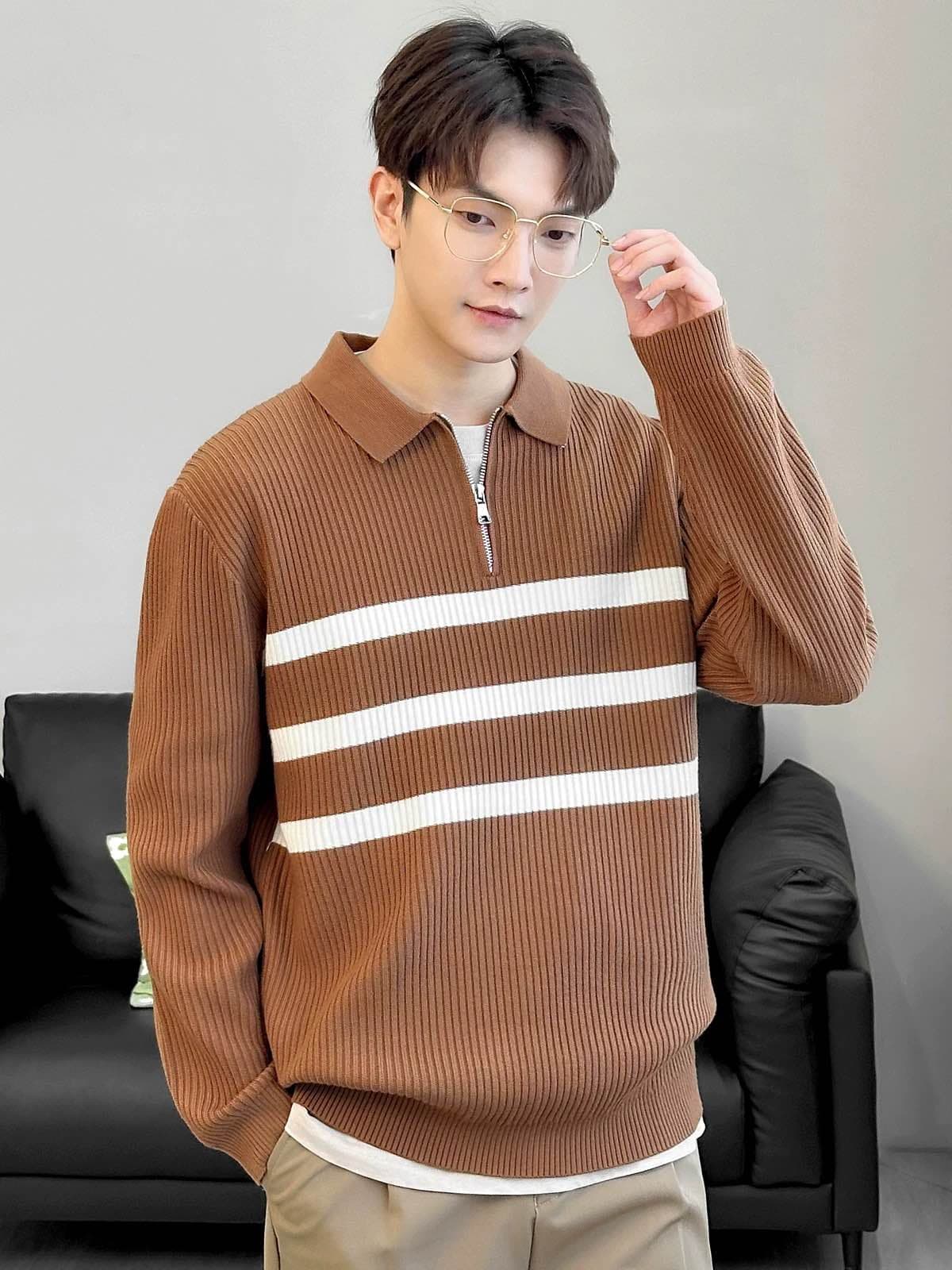 Harajuku Striped Half-Zip Cardigan For Men