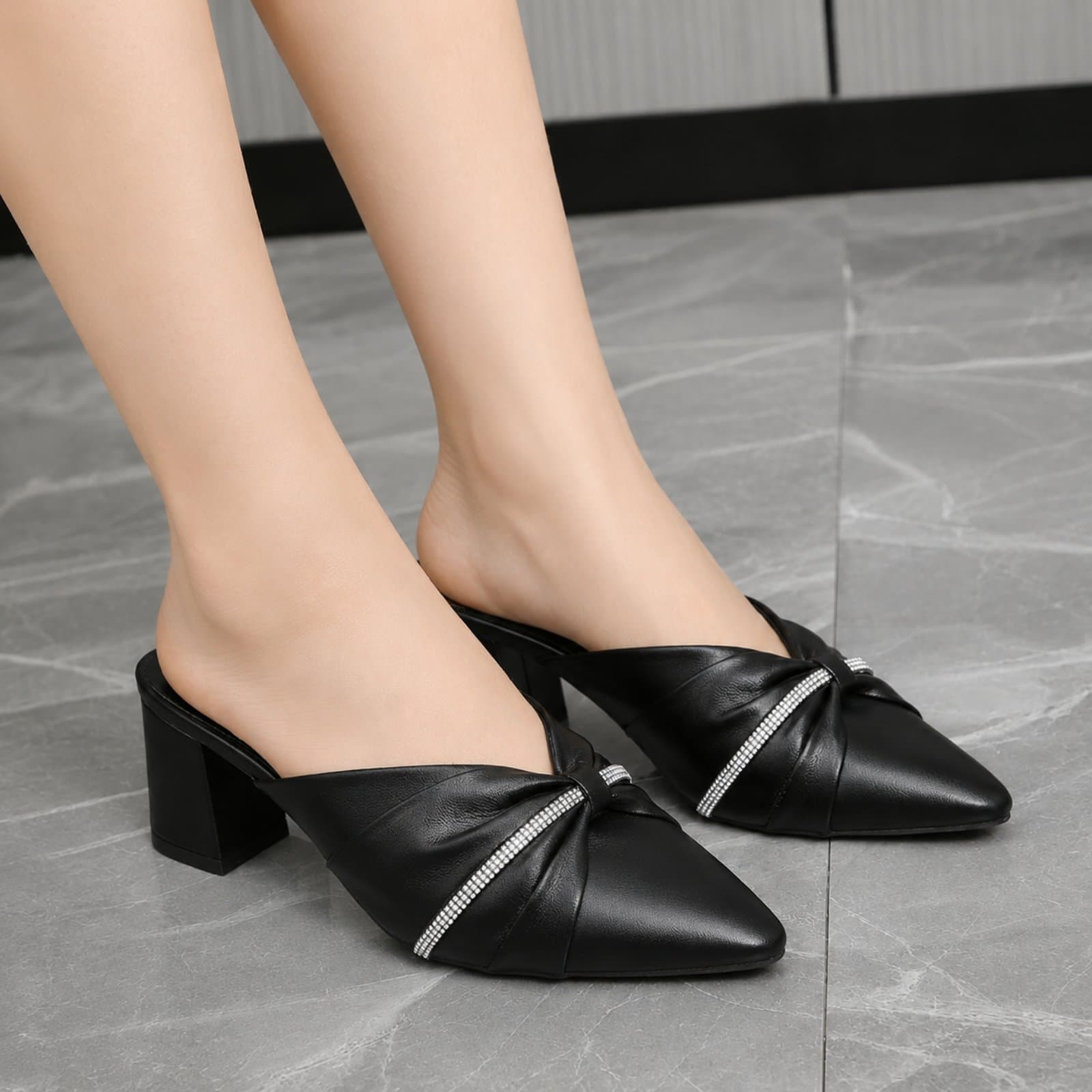 Pointed-Toe Rhinestone Knot Block-Heel Mules For Women