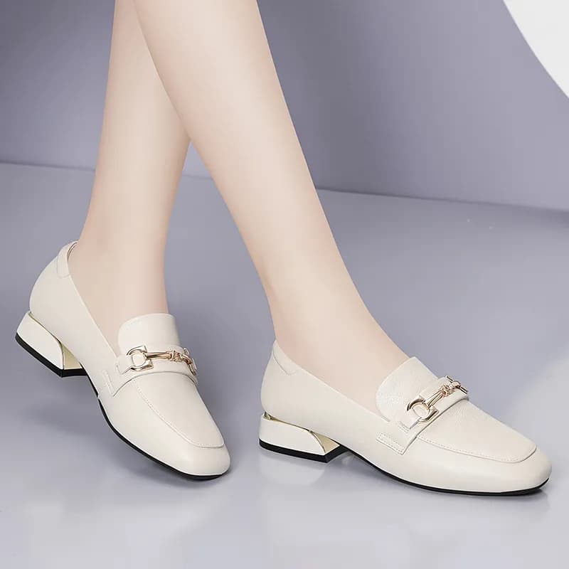 Beige Color Soft-Sole Thick-Heel Loafers For Women