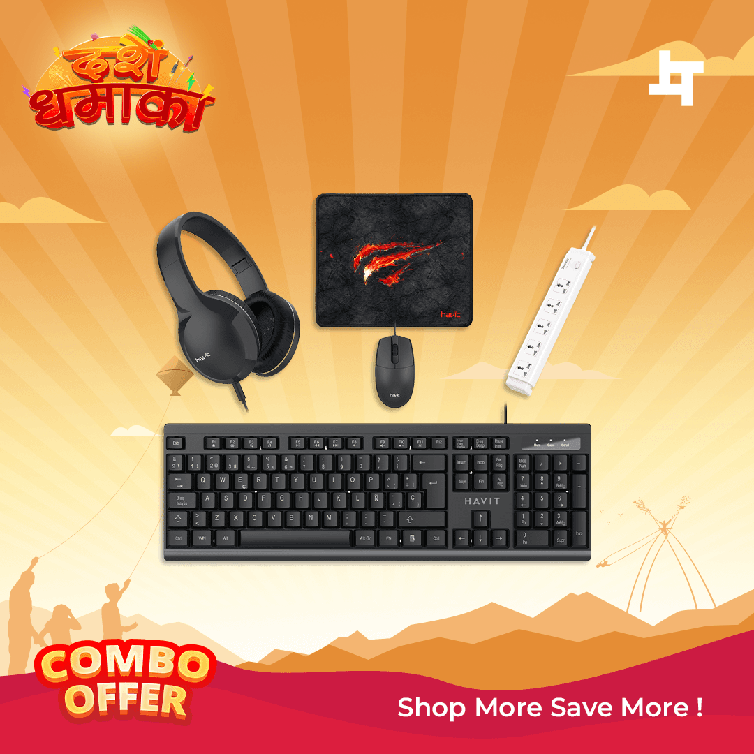 Havit Home Essential Wired Desk Setup – Keyboard, Mouse, Headphone, Mousepad & Power Strip