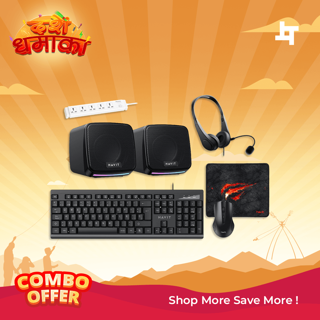 Havit Essential Pro Wired Desk Setup – Keyboard, Mouse, Headphone, Speaker, Mousepad & Power Strip