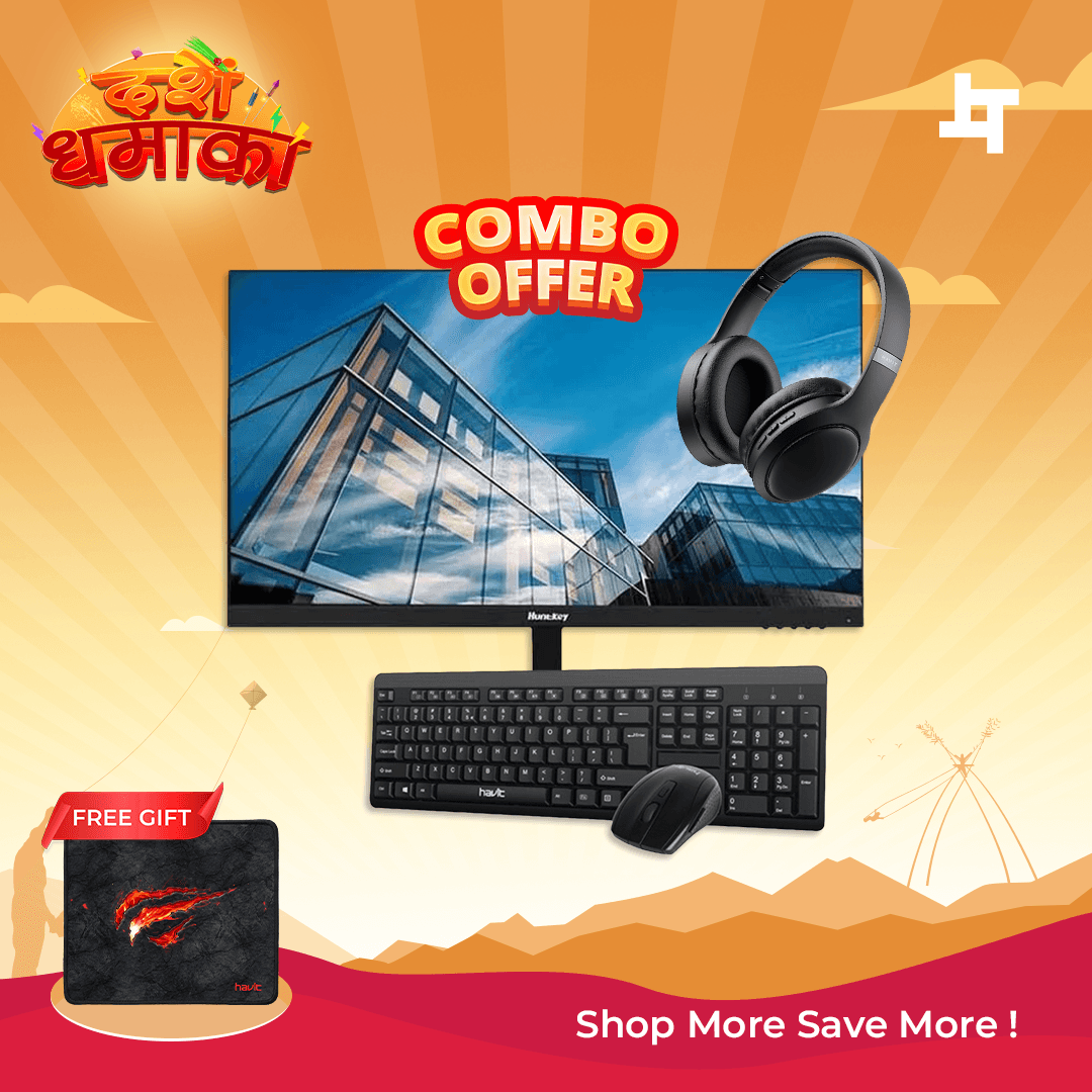 Huntkey 21.5" Full HD Monitor with Havit Wireless Keyboard, Mouse & Bluetooth Headphone Combo