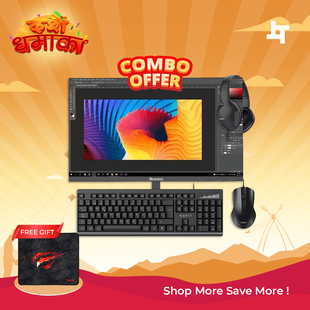 Huntkey 23.8" Full HD IPS Monitor with Havit Keyboard, Mouse & Headphone Combo