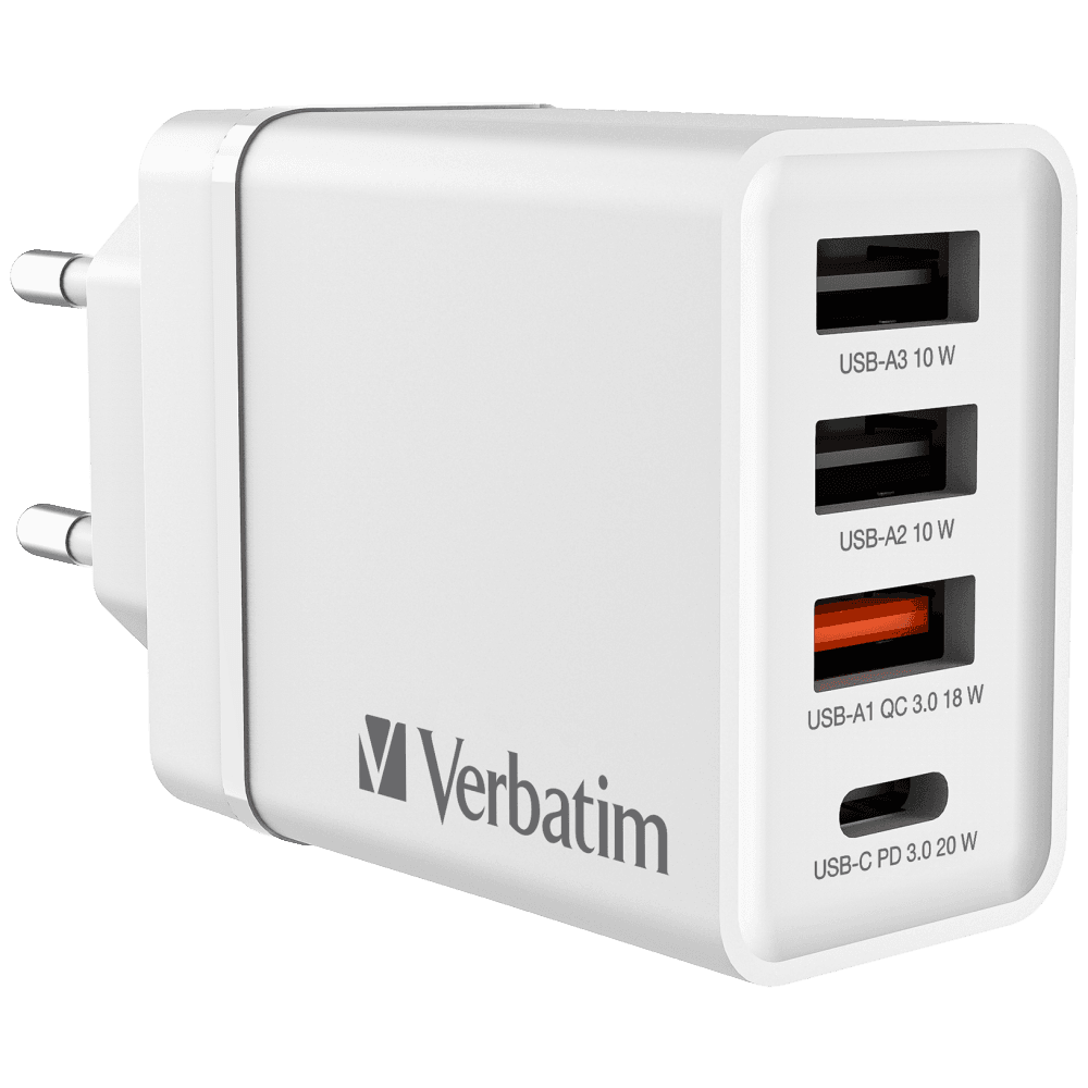 Verbatim CHR-30EU2 30W USB Wall Charger – 1x USB-C PD 20W, 1x USB-A QC 3.0, 2x USB-A 10W, Fast Charging Adapter (White, EU Plug)
