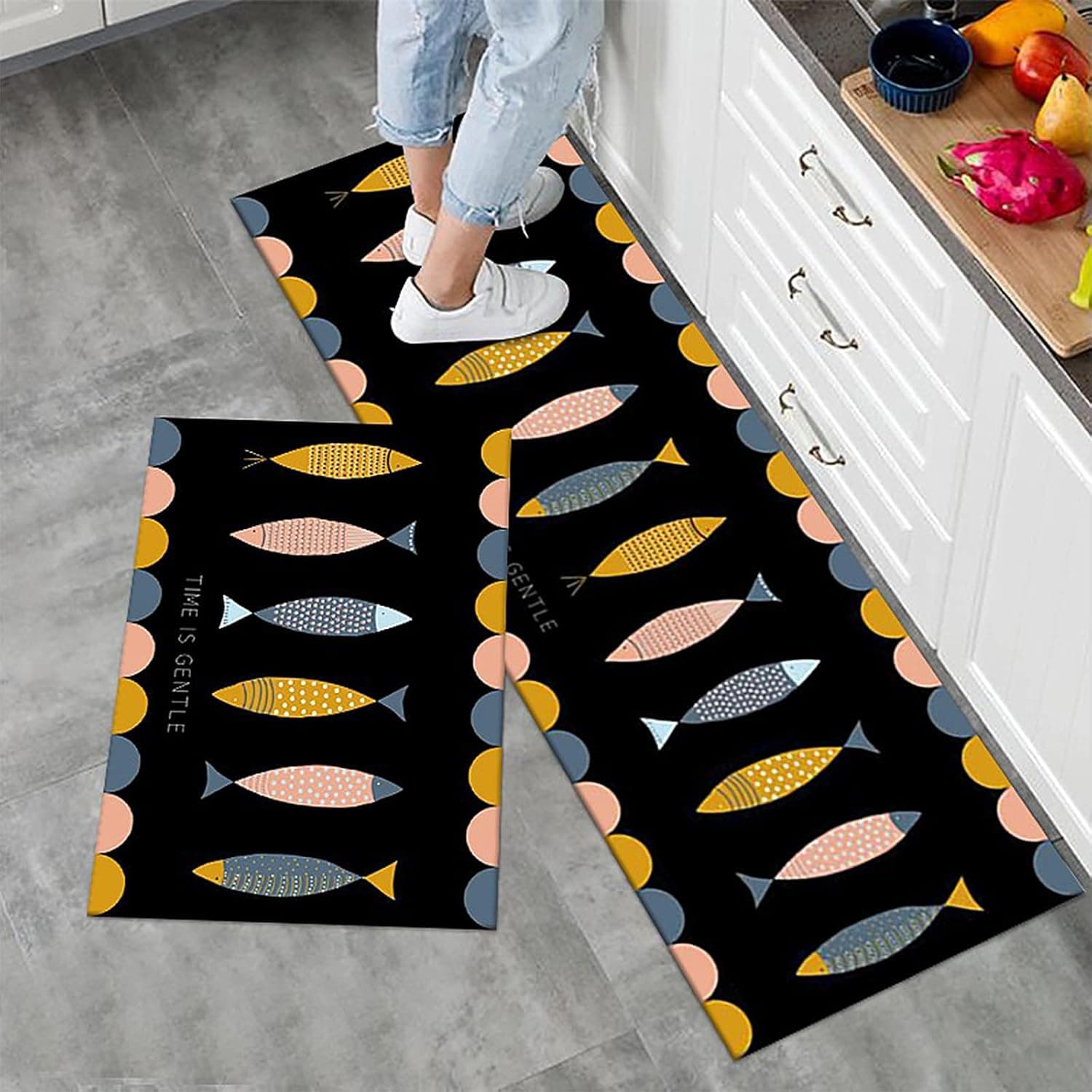 Large Size 2 Piece Set Kitchen Mat, Non Slippery, Easy Clean, Water Absorbing (Fish)
