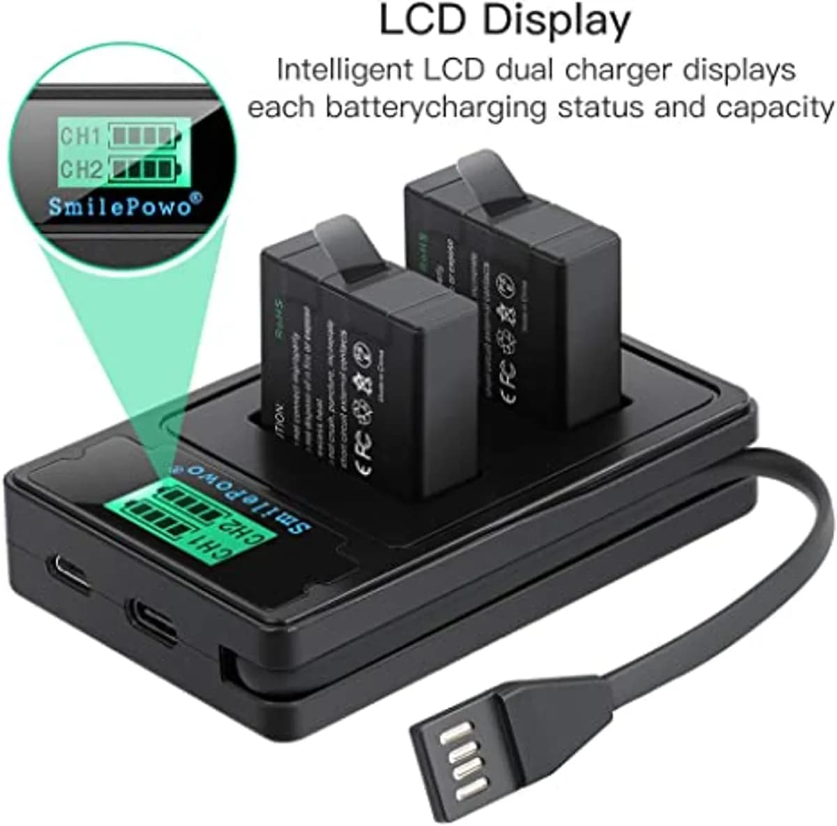 Dual Battery USB Charger With LCD Display For GoPro Hero 5–8 – 1480mAh
