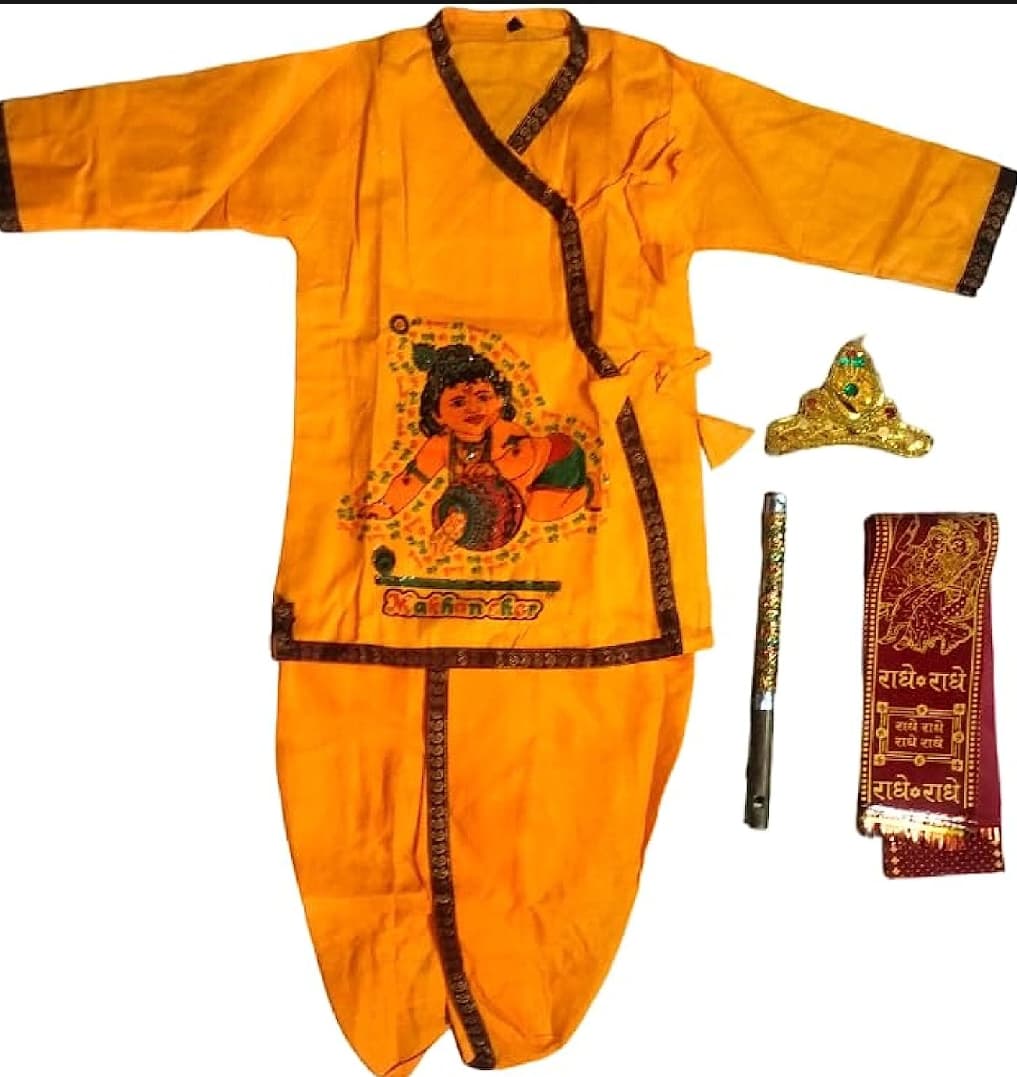 Krishna Boy Outfit With Murli, Mukut, Morpankh, Earring, Mala - Yellow (M/L)